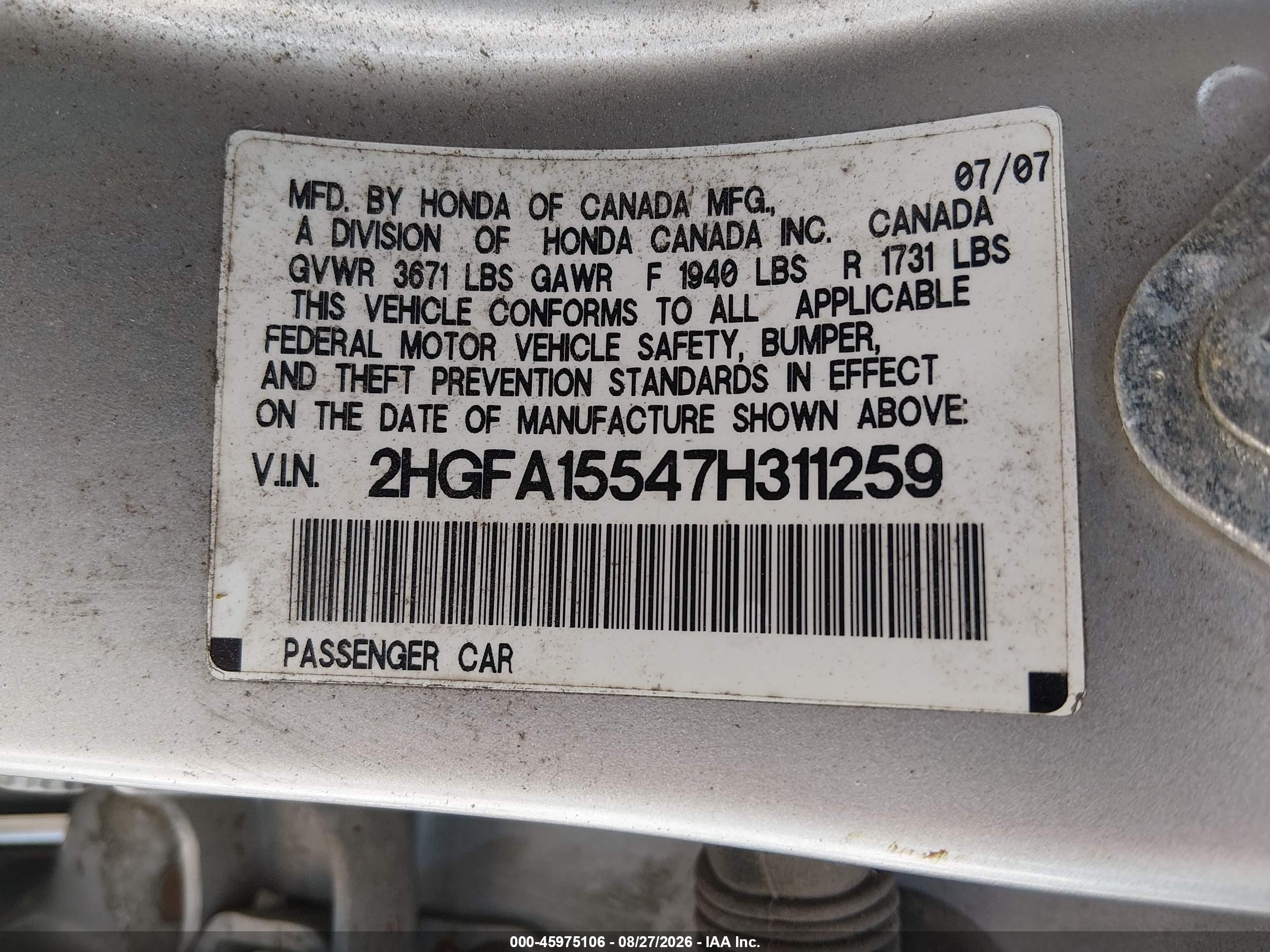2007 Honda Civic Lx Silver vin: 2HGFA15547H311259