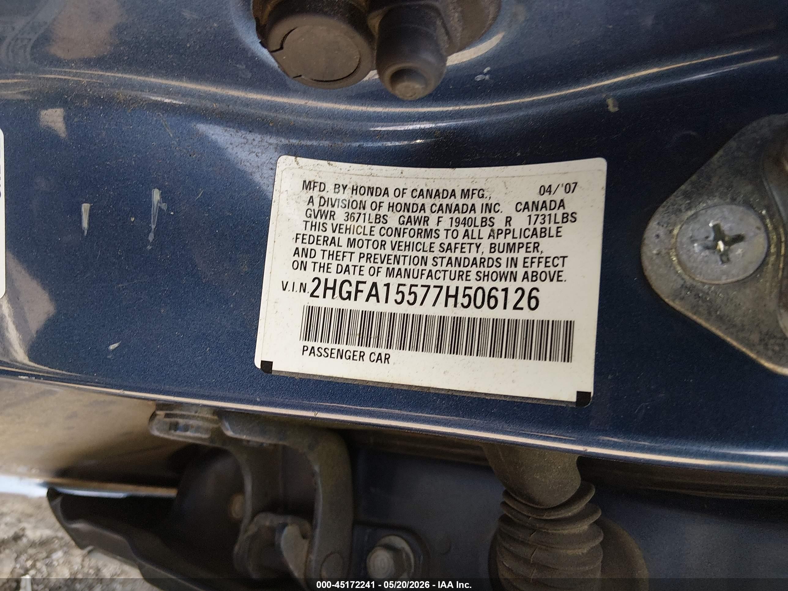 2007 Honda Civic Lx Blue vin: 2HGFA15577H506126