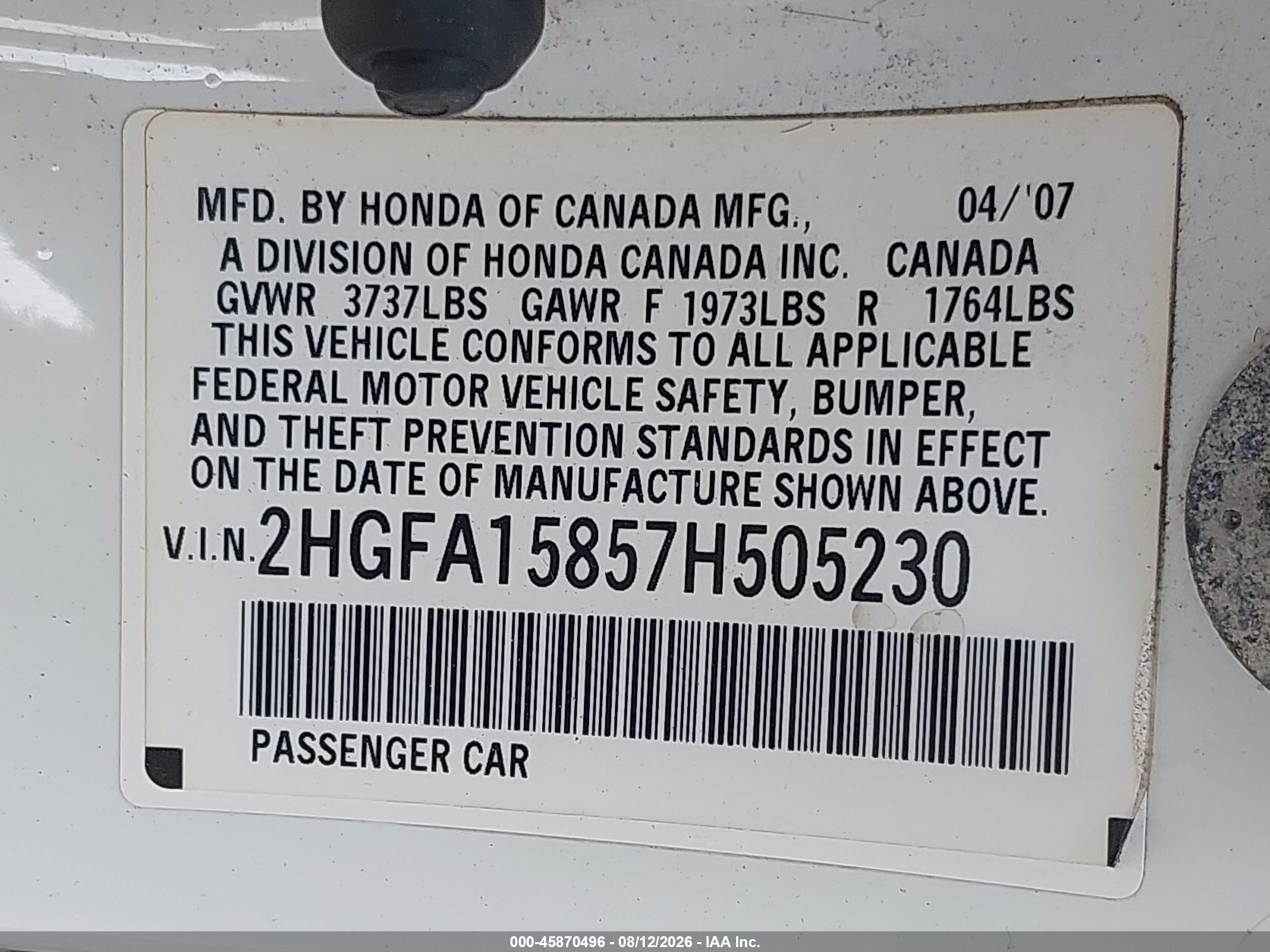 2007 Honda Civic Ex White vin: 2HGFA15857H505230