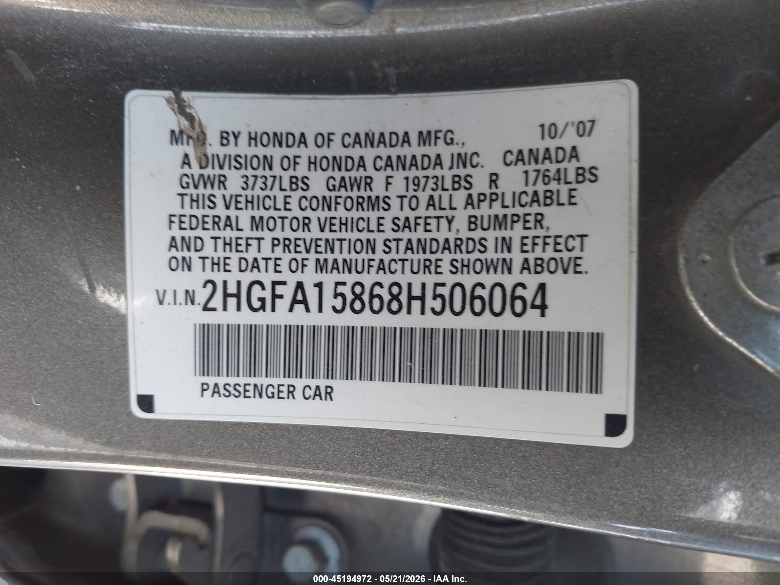 2008 Honda Civic Ex Gray vin: 2HGFA15868H506064