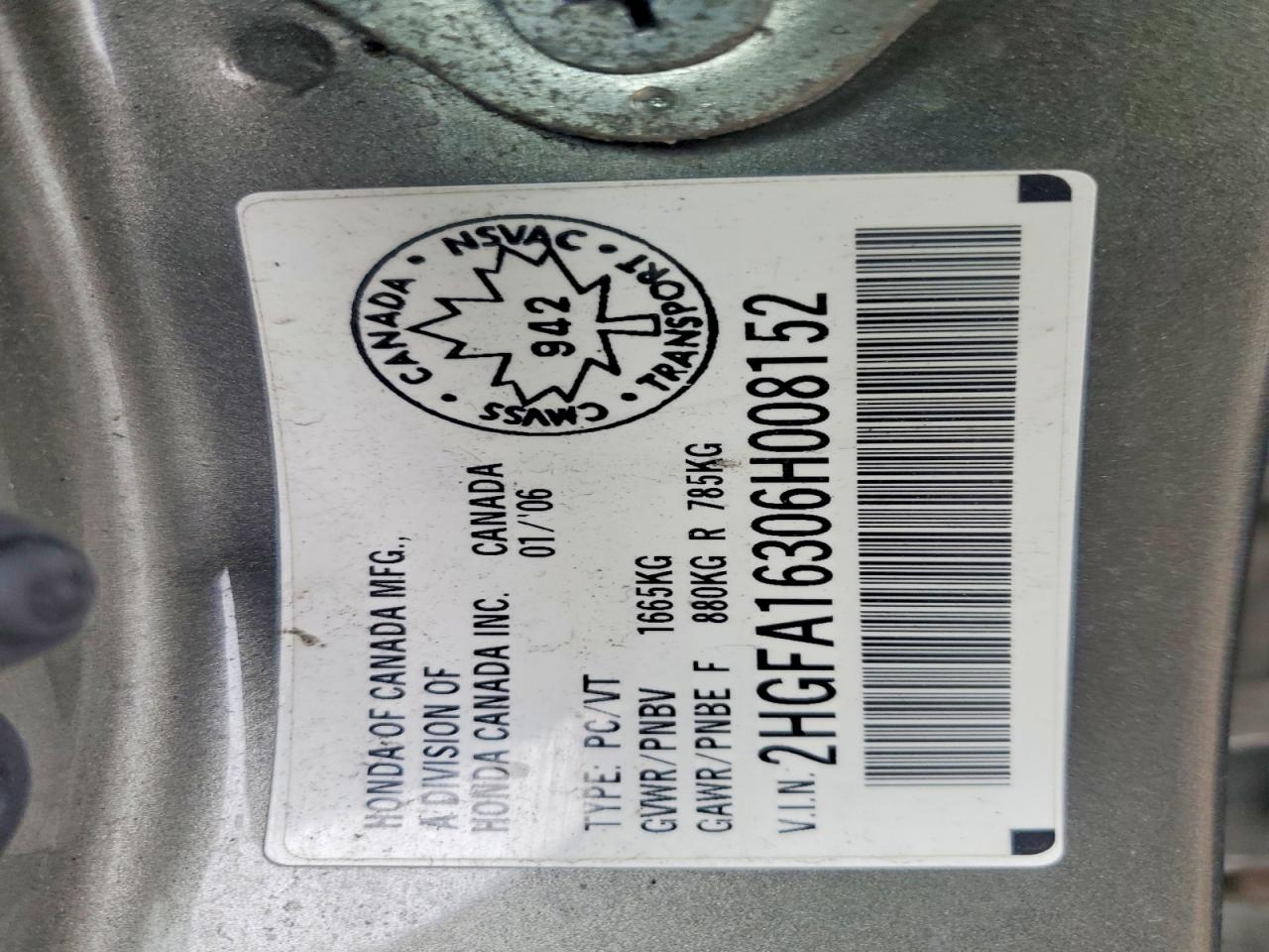 2006 Honda Civic Dx Vp Серебряный vin: 2HGFA16306H008152