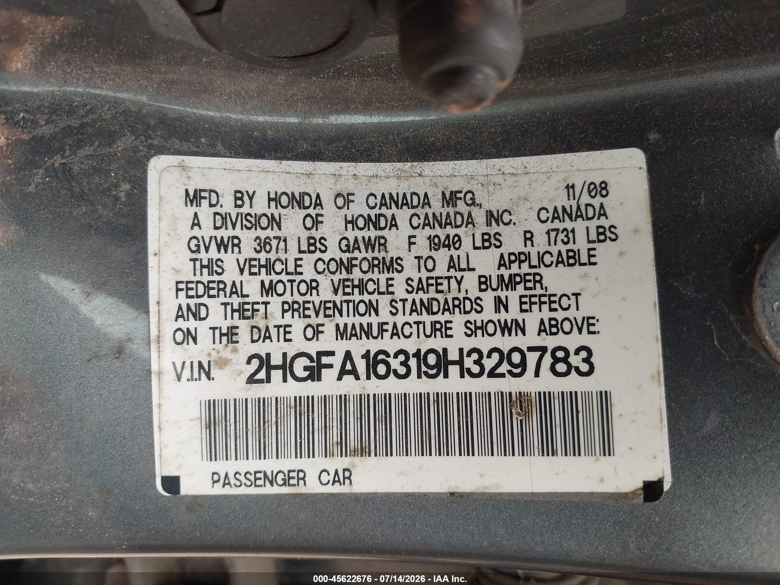 2009 Honda Civic Vp Gray vin: 2HGFA16319H329783