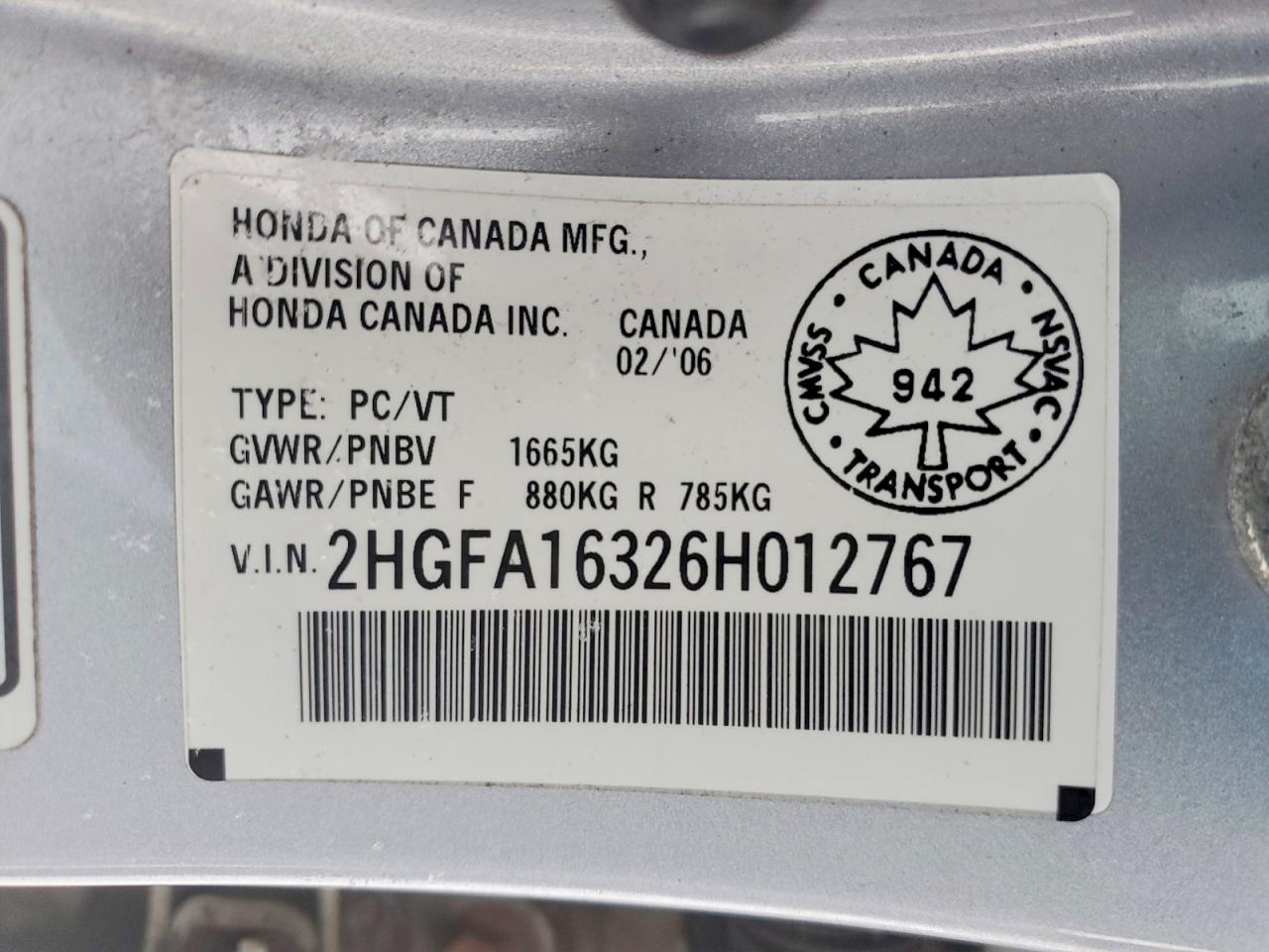 2006 Honda Civic Dx Vp Silver vin: 2HGFA16326H012767
