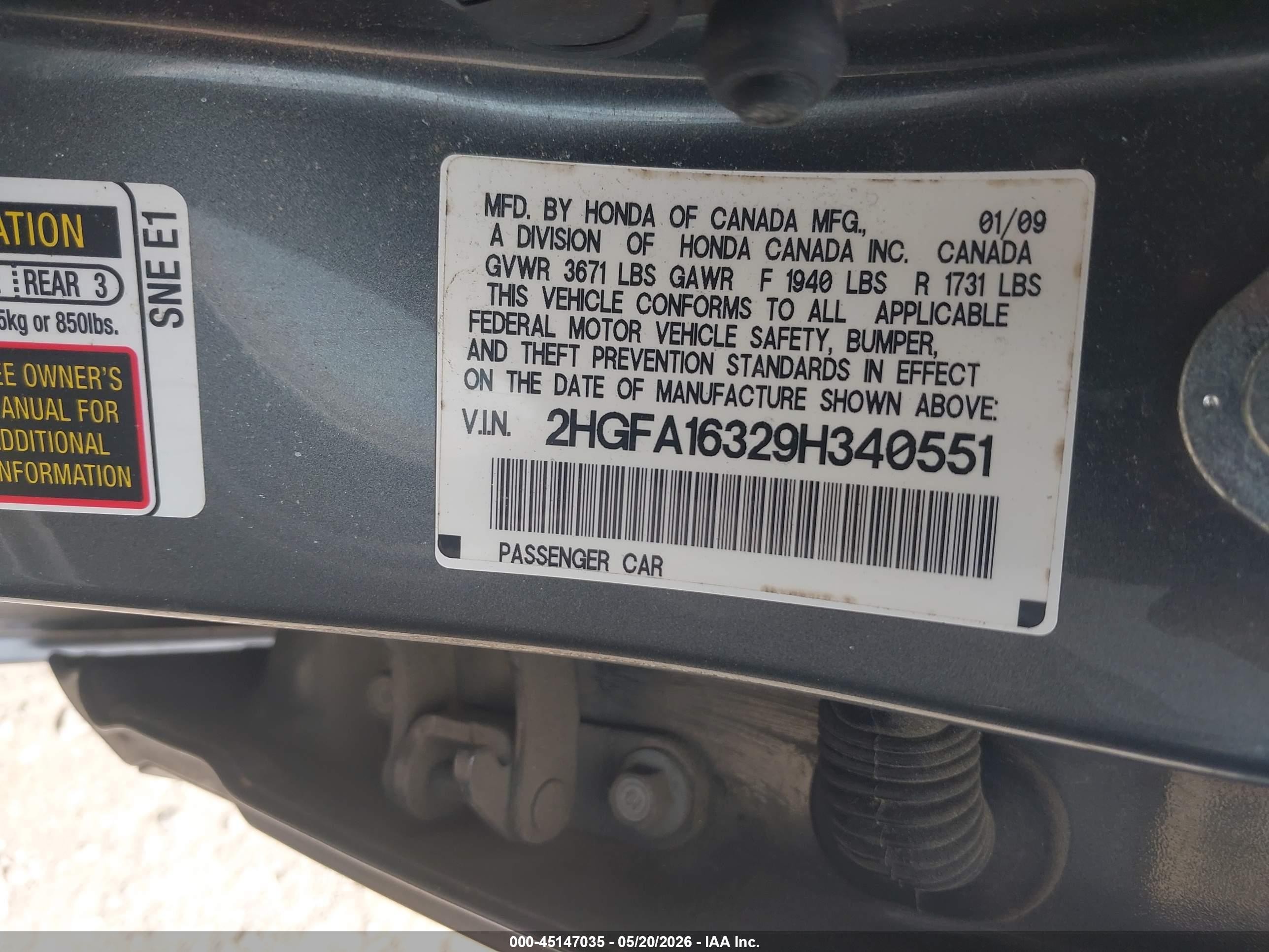 2009 Honda Civic Vp Gray vin: 2HGFA16329H340551