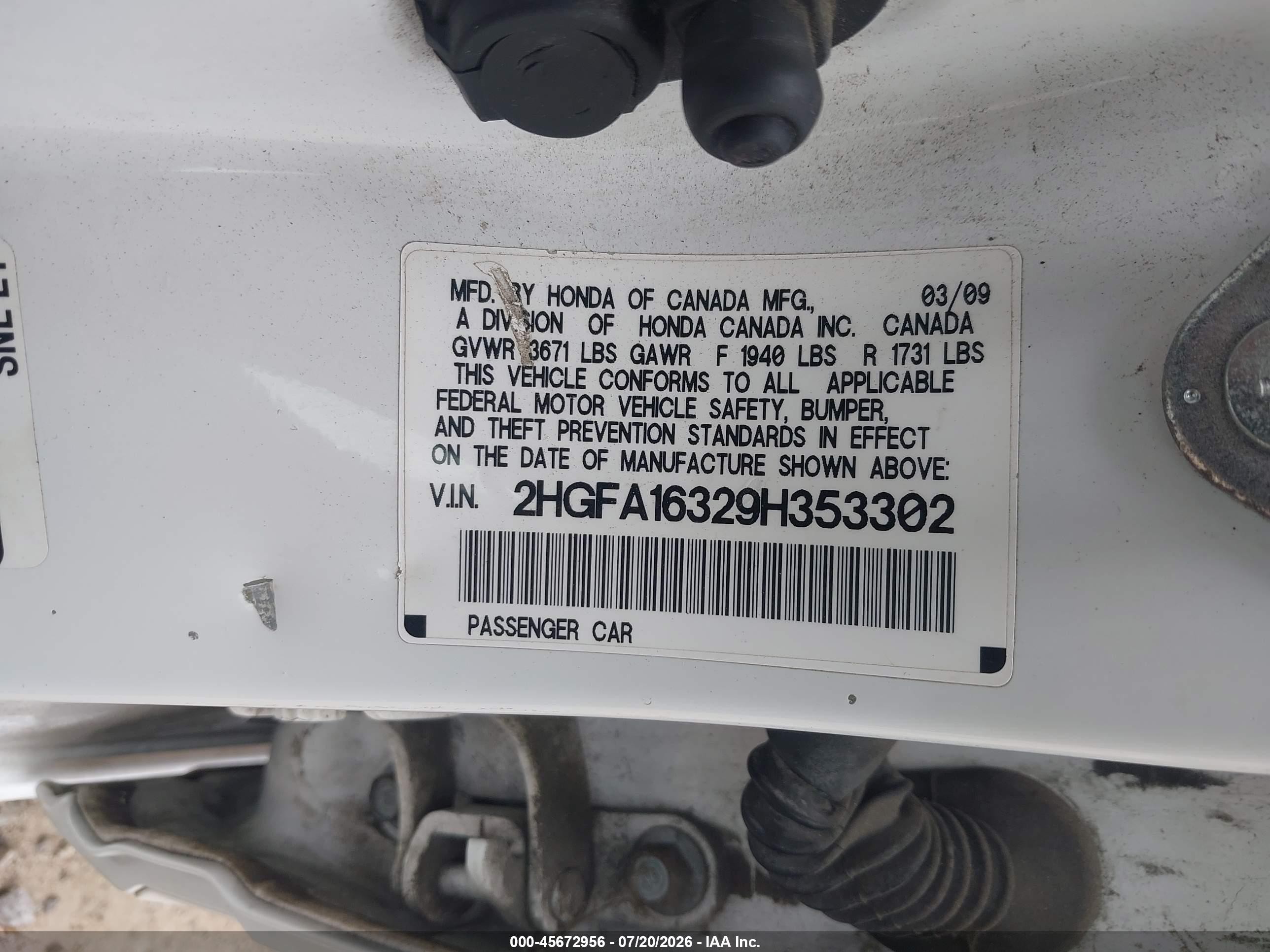 2009 Honda Civic Vp White vin: 2HGFA16329H353302