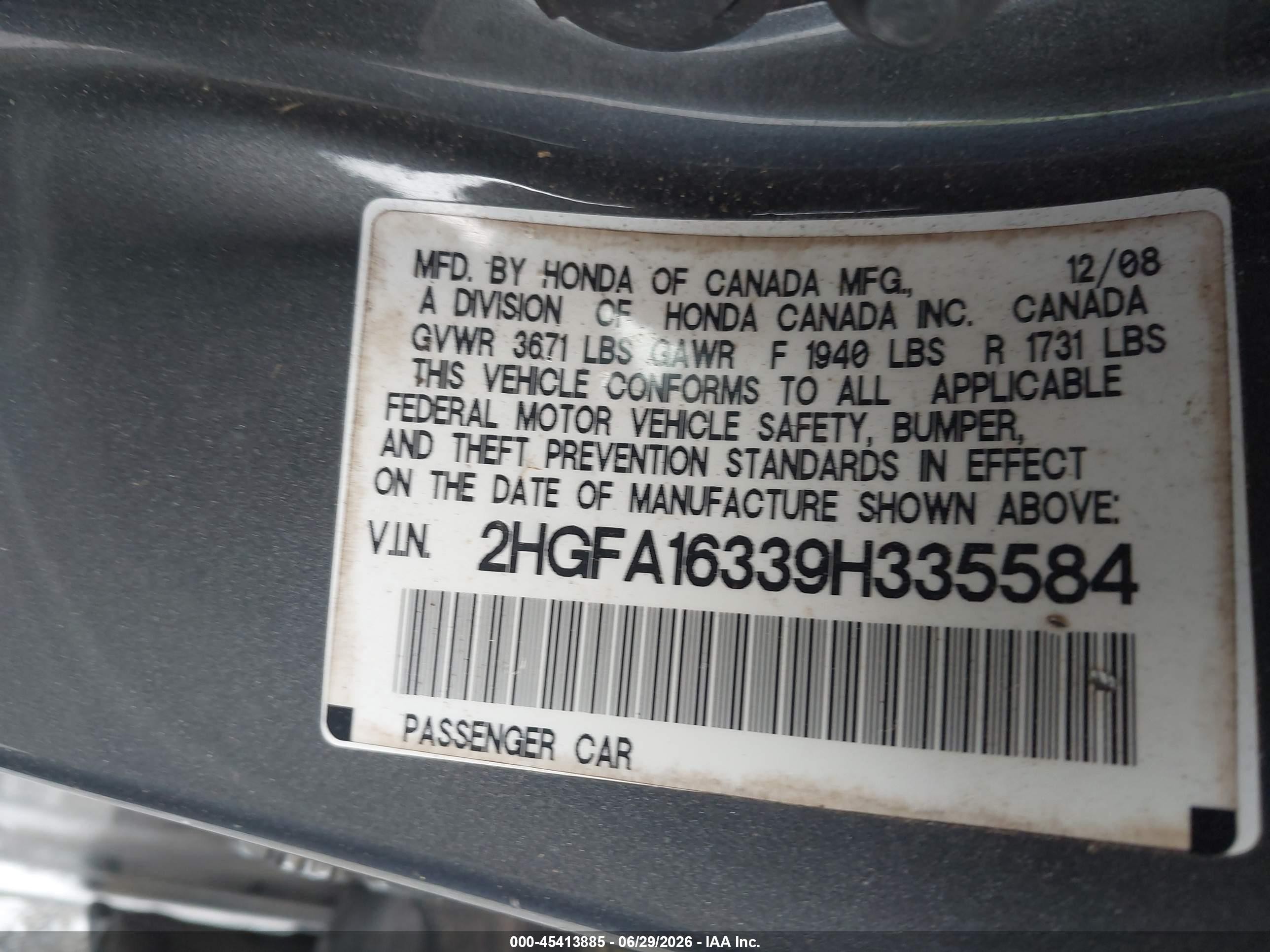 2009 Honda Civic Vp Gray vin: 2HGFA16339H335584
