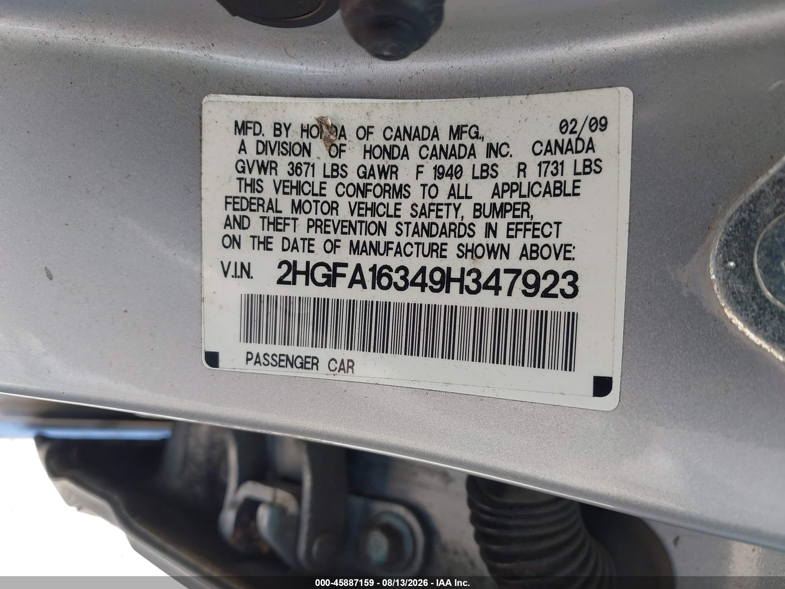 2009 Honda Civic Vp Silver vin: 2HGFA16349H347923