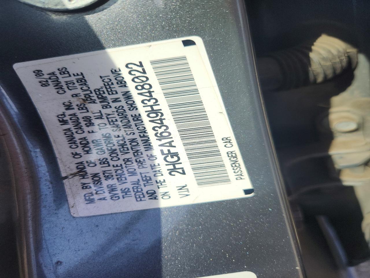 2009 Honda Civic Vp Charcoal vin: 2HGFA16349H348022