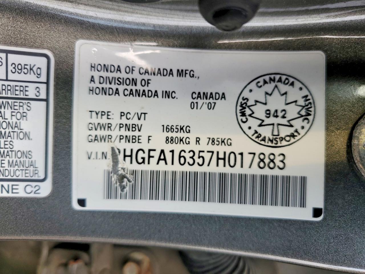 2007 Honda Civic Dx Gray vin: 2HGFA16357H017883