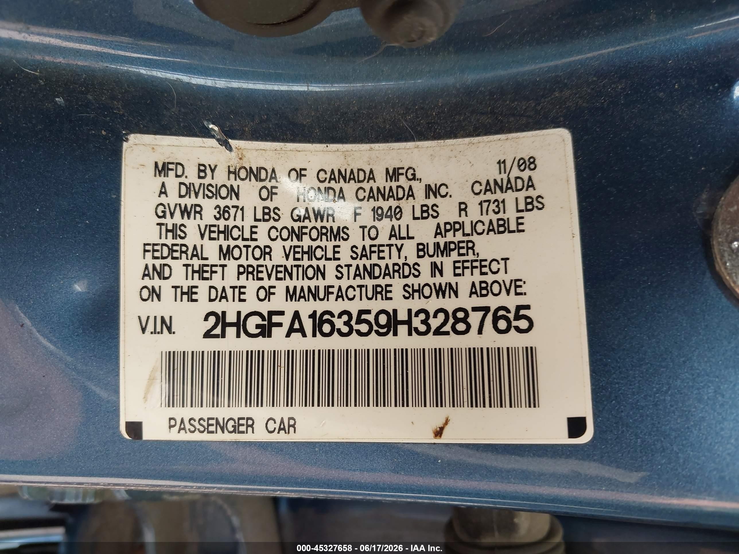 2009 Honda Civic Vp Синий vin: 2HGFA16359H328765
