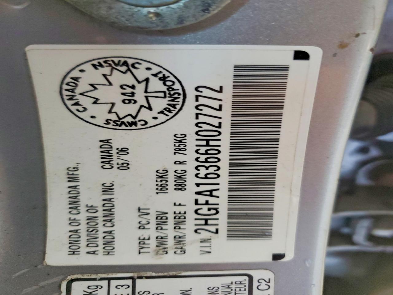 2006 Honda Civic Dx Vp Silver vin: 2HGFA16366H027272