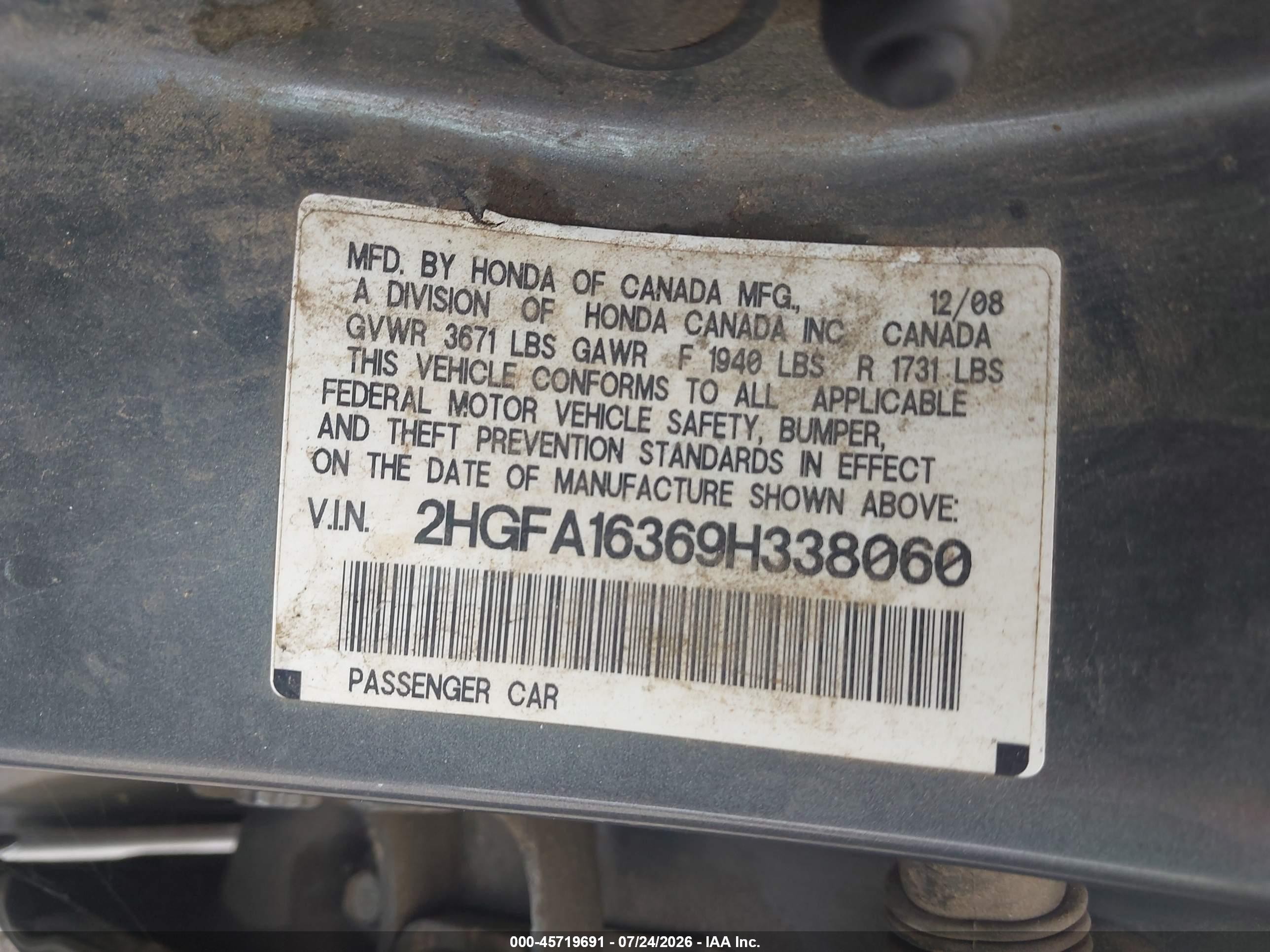 2009 Honda Civic Vp Gray vin: 2HGFA16369H338060