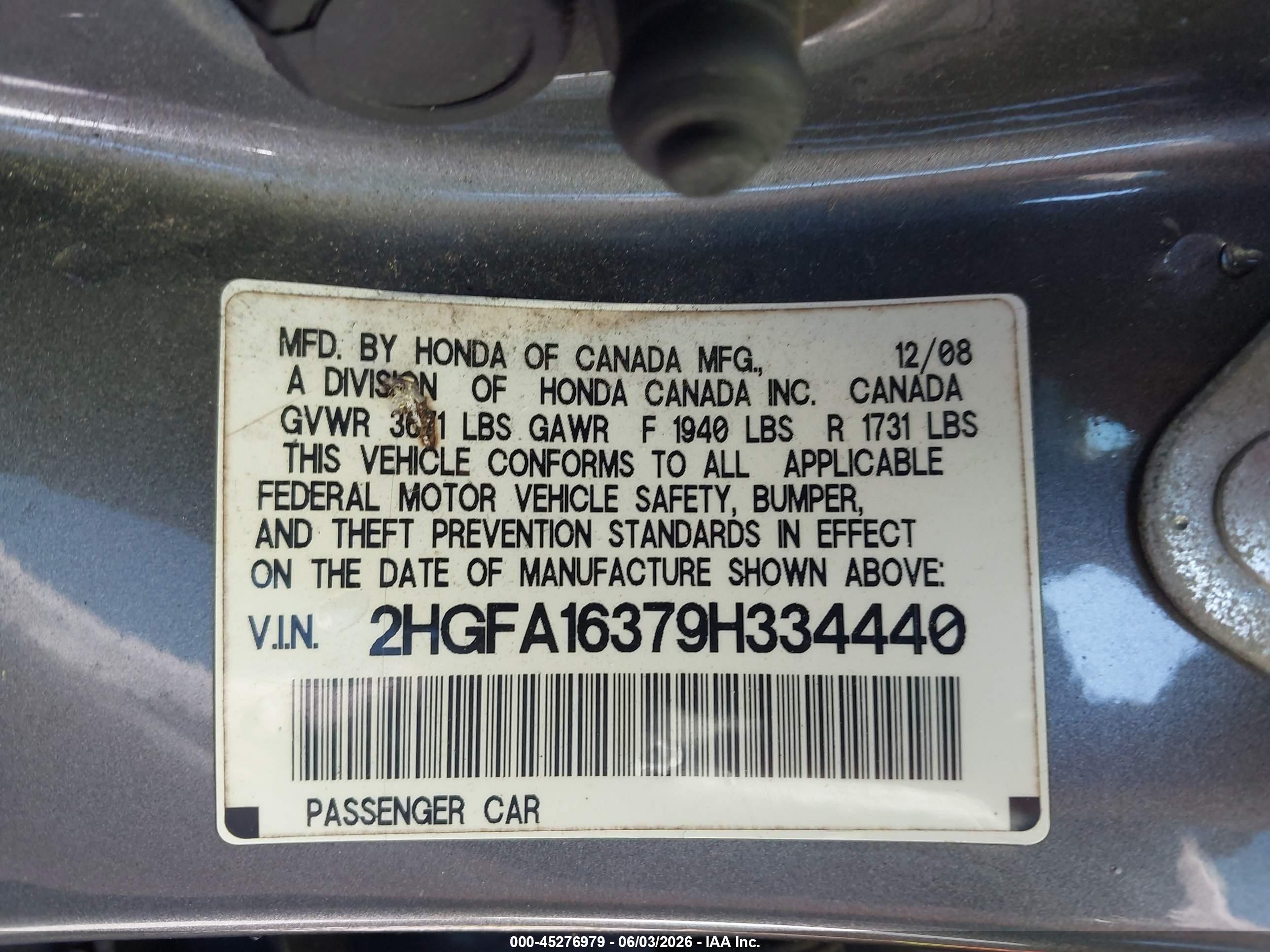 2009 Honda Civic Vp Gray vin: 2HGFA16379H334440
