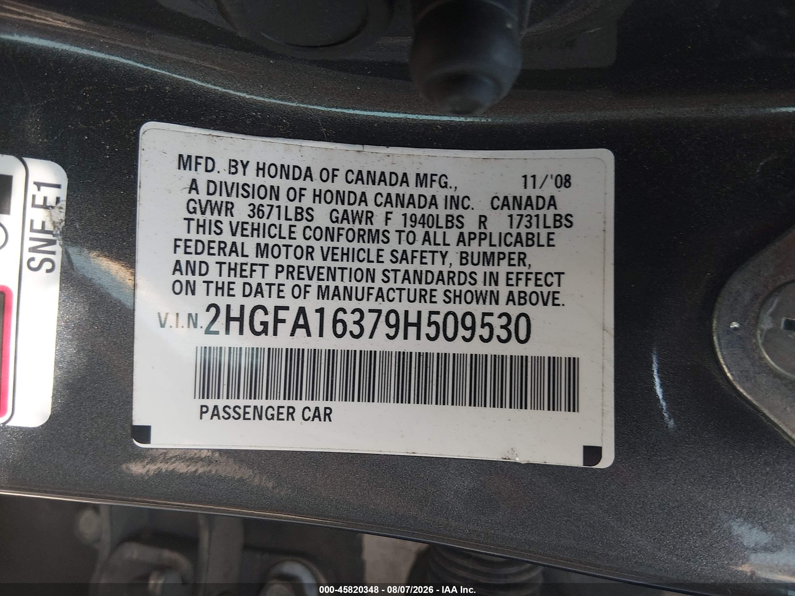2009 Honda Civic Vp Gray vin: 2HGFA16379H509530