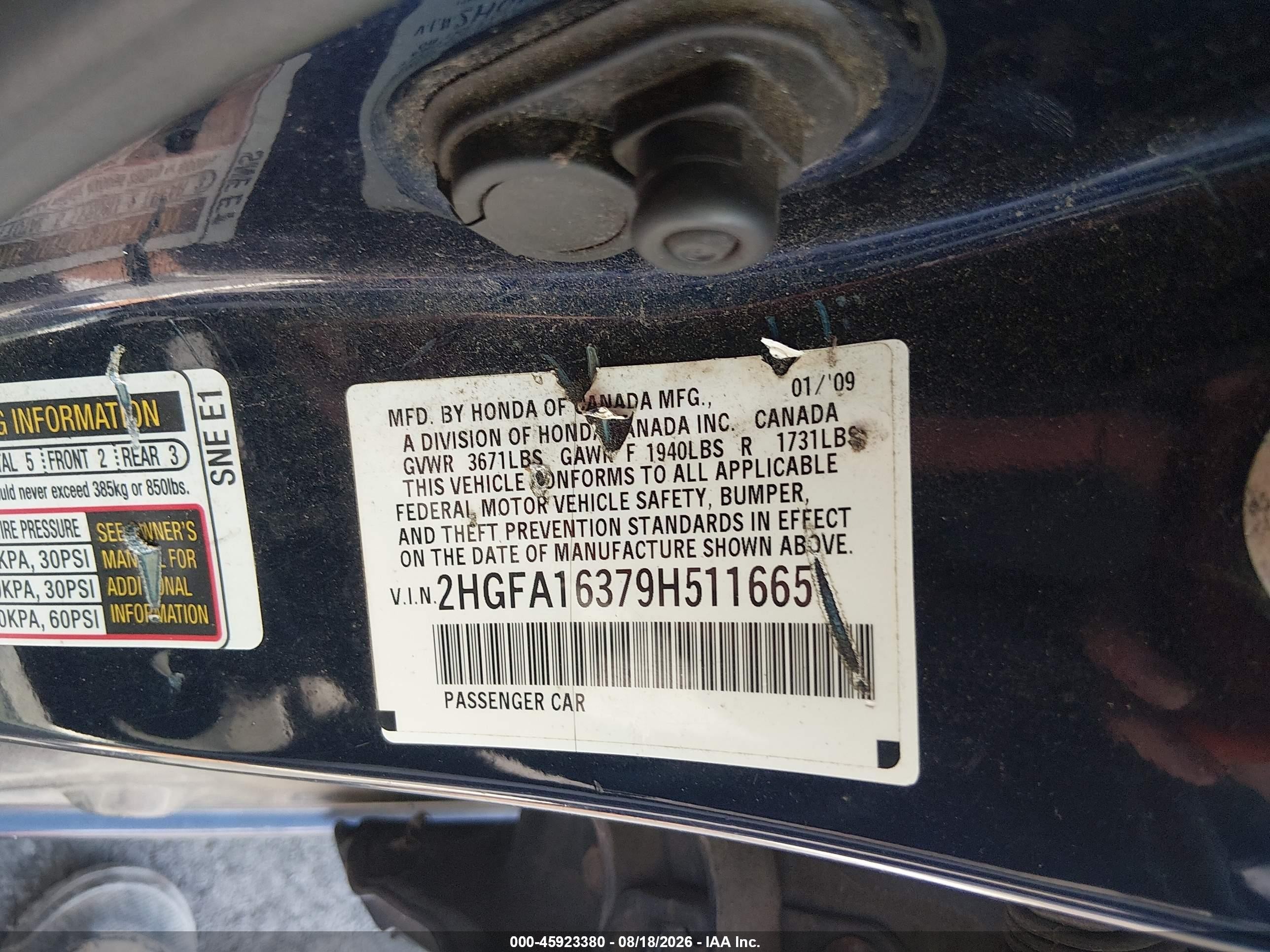 2009 Honda Civic Vp Blue vin: 2HGFA16379H511665