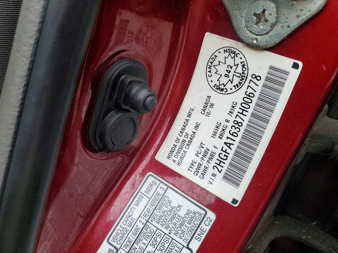 2007 Honda Civic Dx Red vin: 2HGFA16387H006778