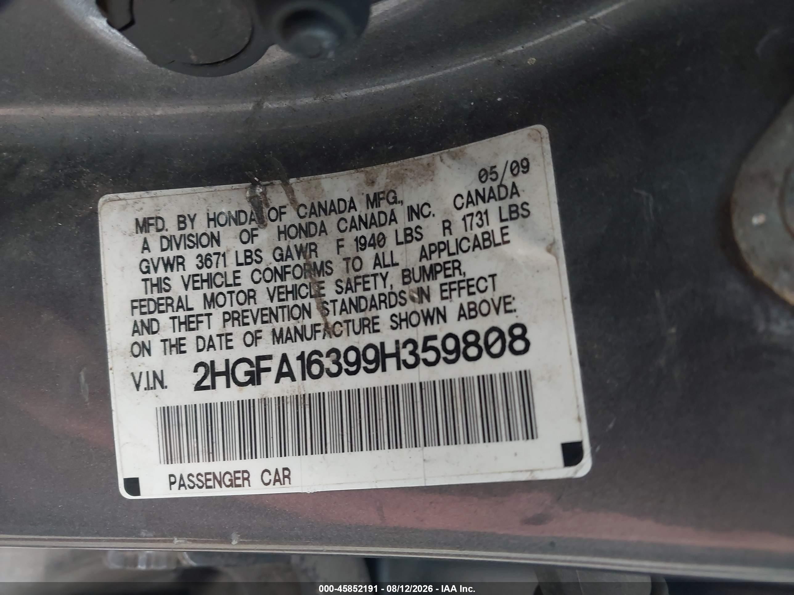 2009 Honda Civic Vp Gray vin: 2HGFA16399H359808