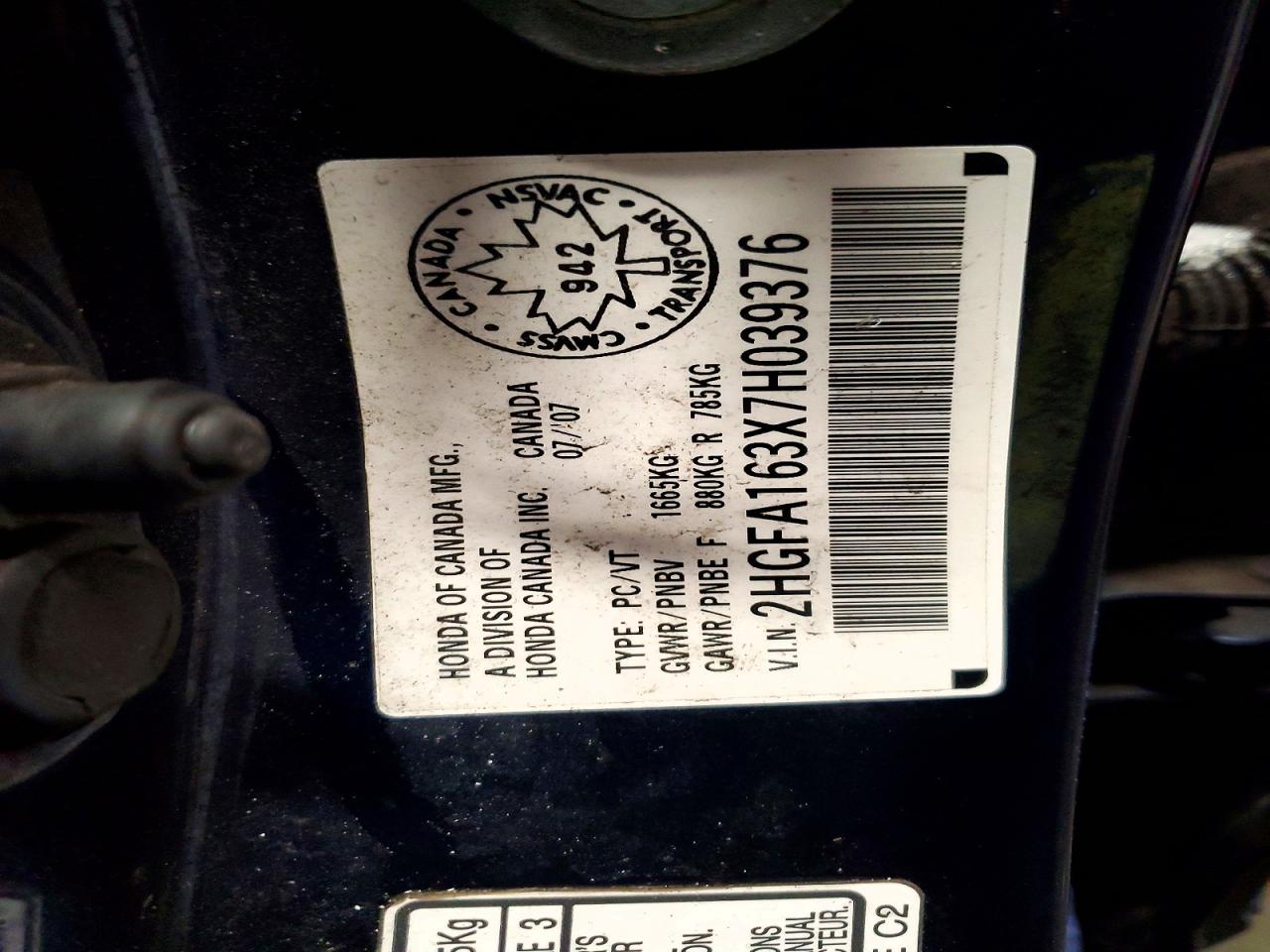2007 Honda Civic Dx Blue vin: 2HGFA163X7H039376