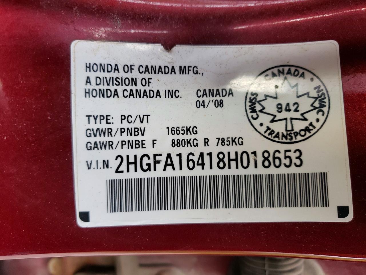 2008 Honda Civic Dx-g Red vin: 2HGFA16418H018653