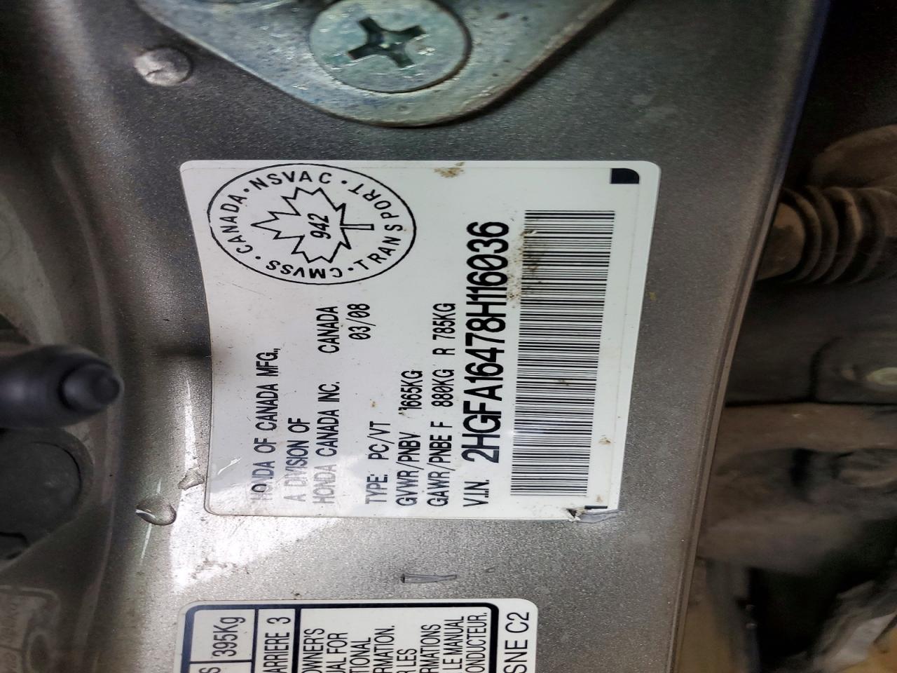 2008 Honda Civic Dx-g Gray vin: 2HGFA16478H116036