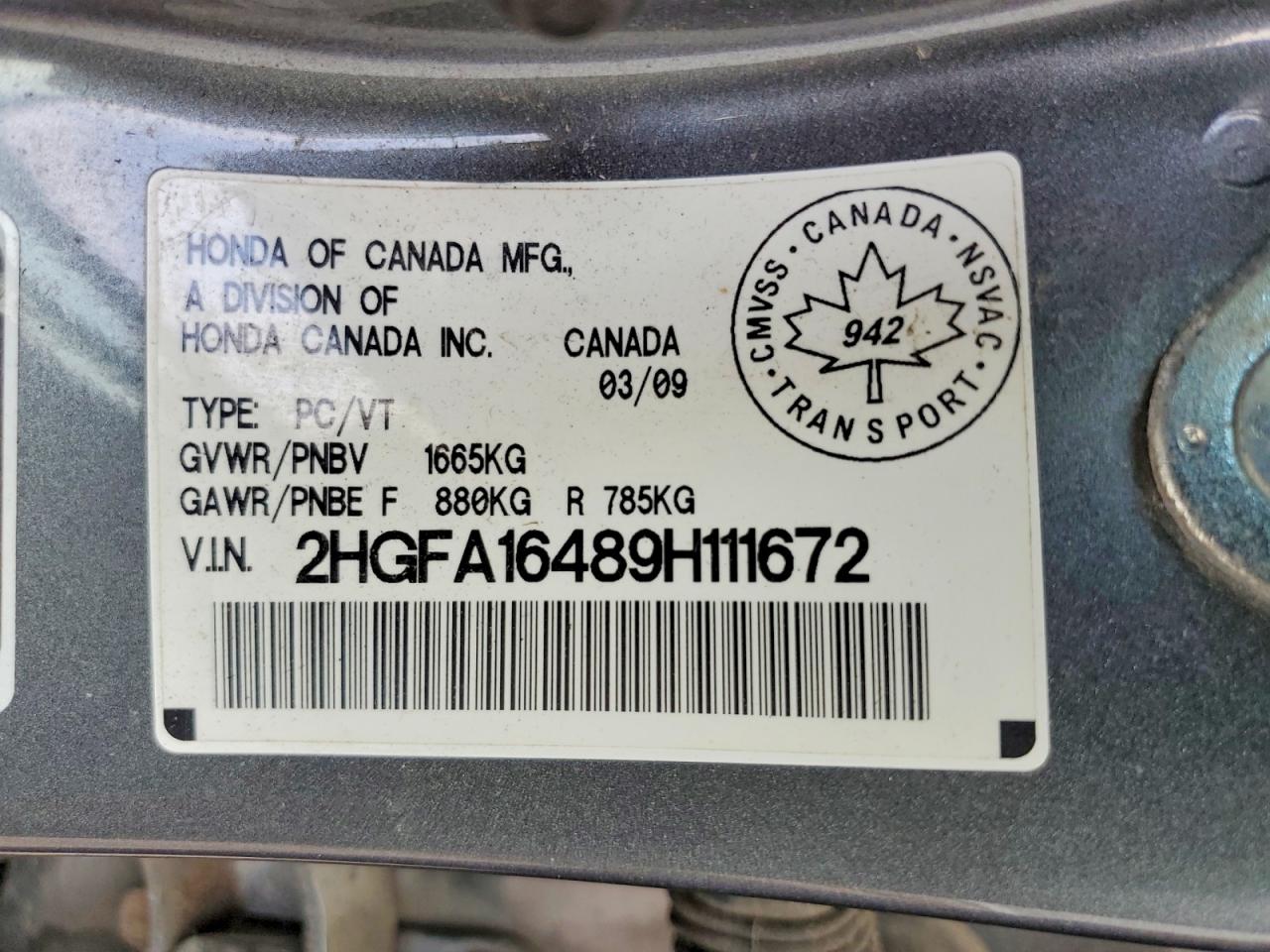 2009 Honda Civic Dx-g Gray vin: 2HGFA16489H111672