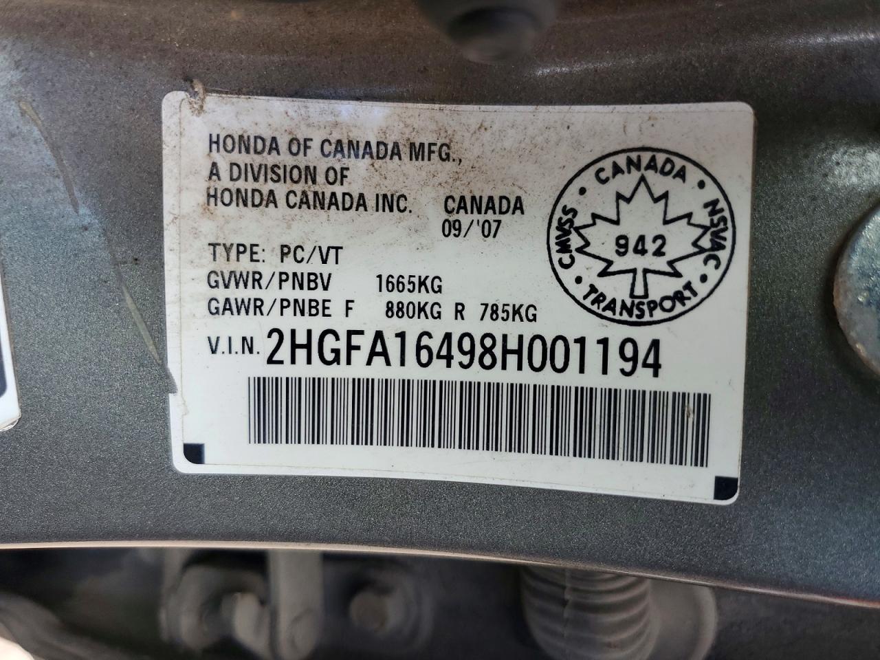 2008 Honda Civic 1.3 Dx Gray vin: 2HGFA16498H001194