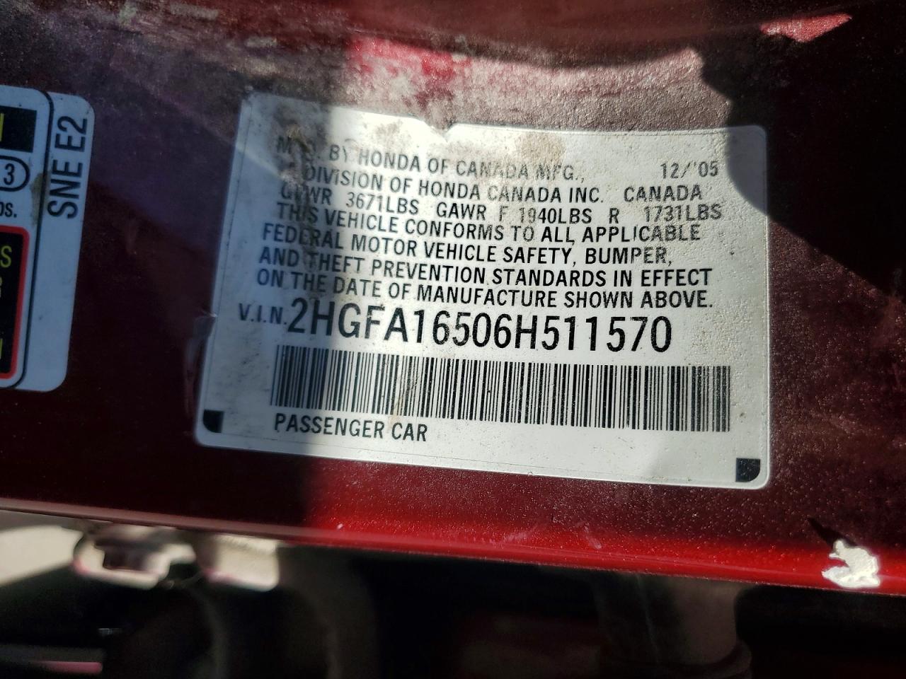 2006 Honda Civic Lx Burgundy vin: 2HGFA16506H511570