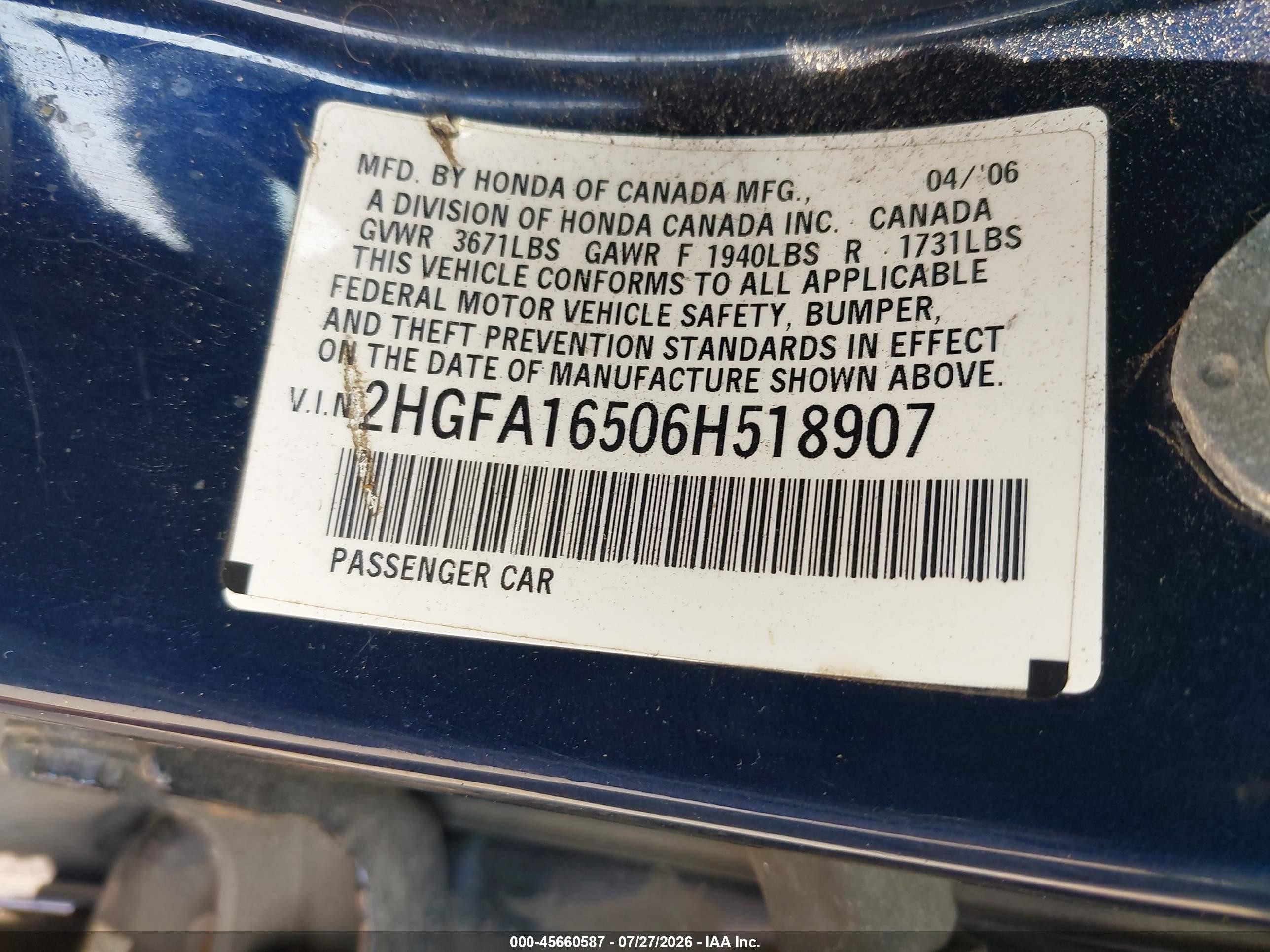 2006 Honda Civic Lx Синий vin: 2HGFA16506H518907
