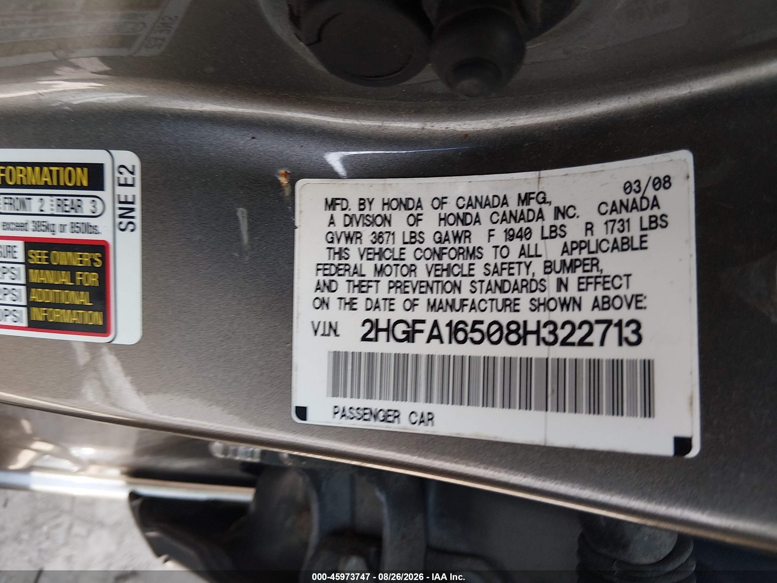 2008 Honda Civic Lx Beige vin: 2HGFA16508H322713