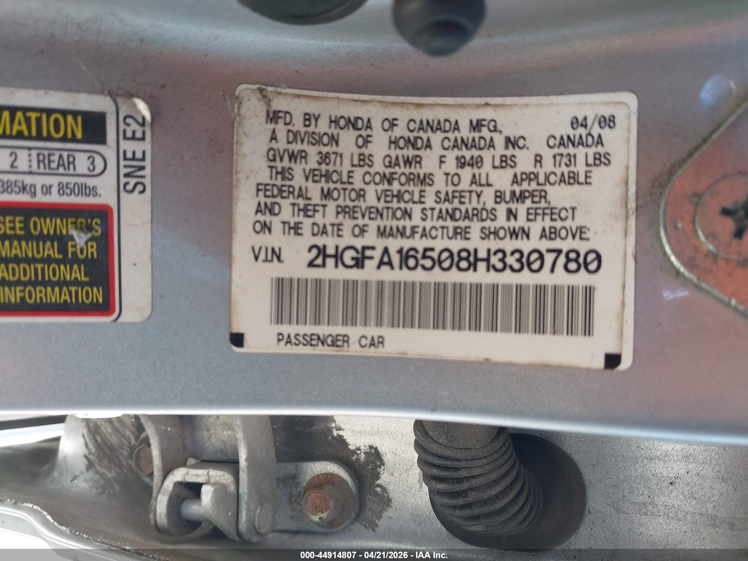 2008 Honda Civic Lx Серебряный vin: 2HGFA16508H330780