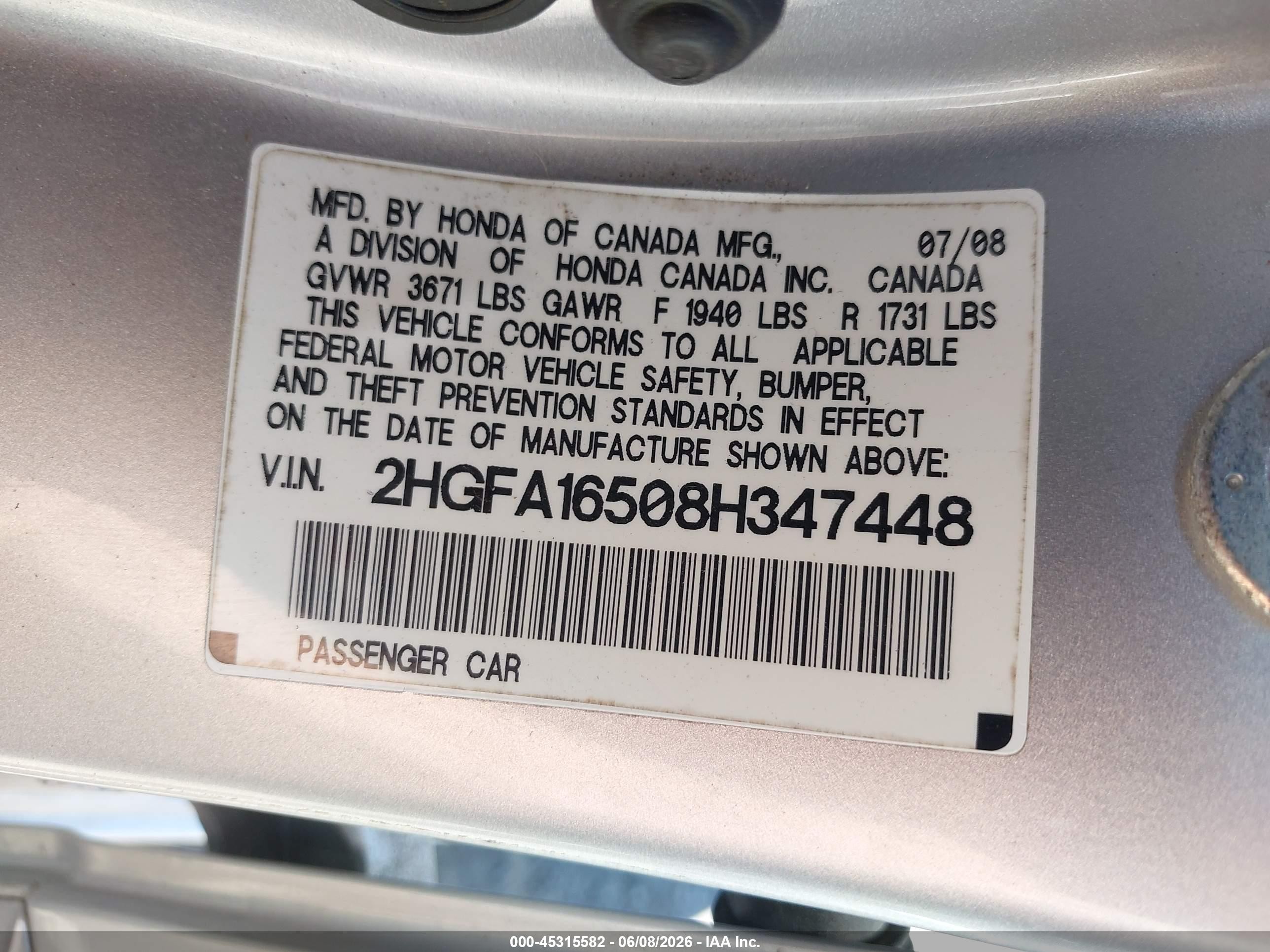 2008 Honda Civic Lx Silver vin: 2HGFA16508H347448