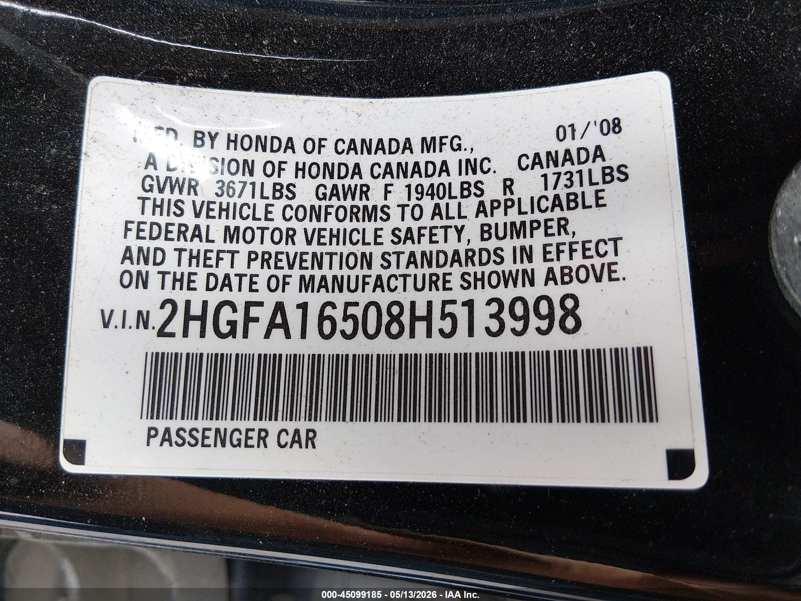 2008 Honda Civic Lx Черный vin: 2HGFA16508H513998
