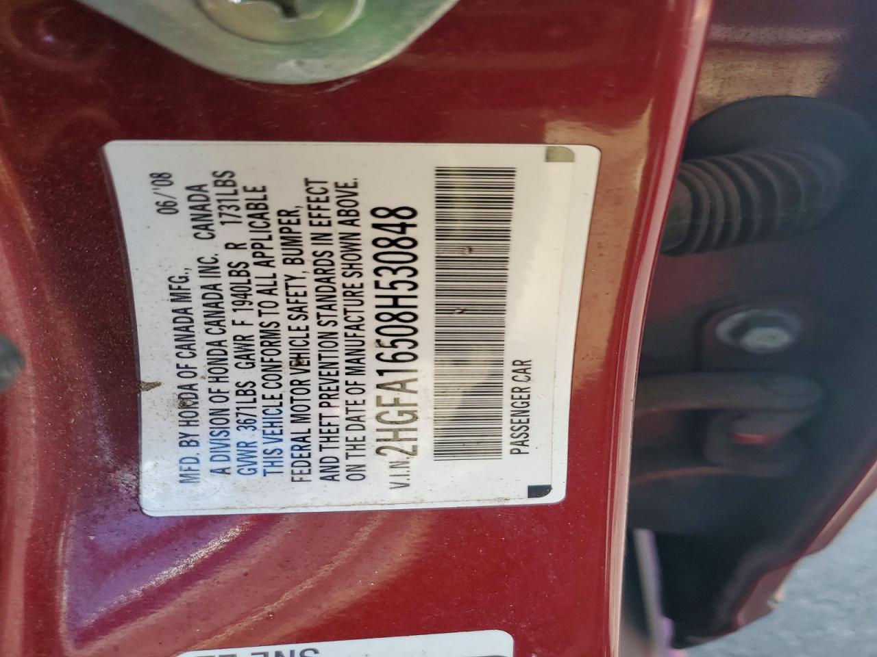 2008 Honda Civic Lx Red vin: 2HGFA16508H530848