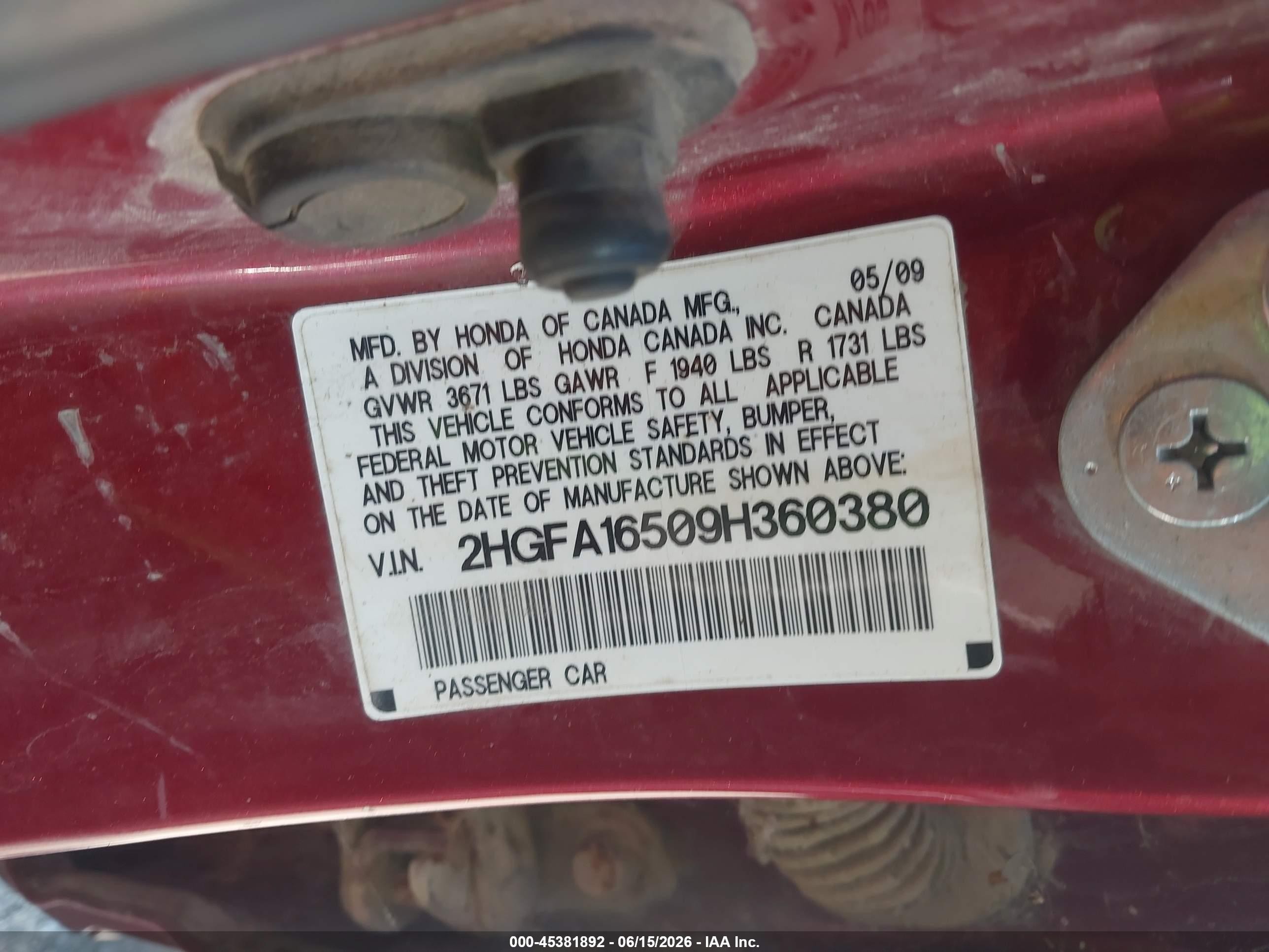 2009 Honda Civic Lx Red vin: 2HGFA16509H360380