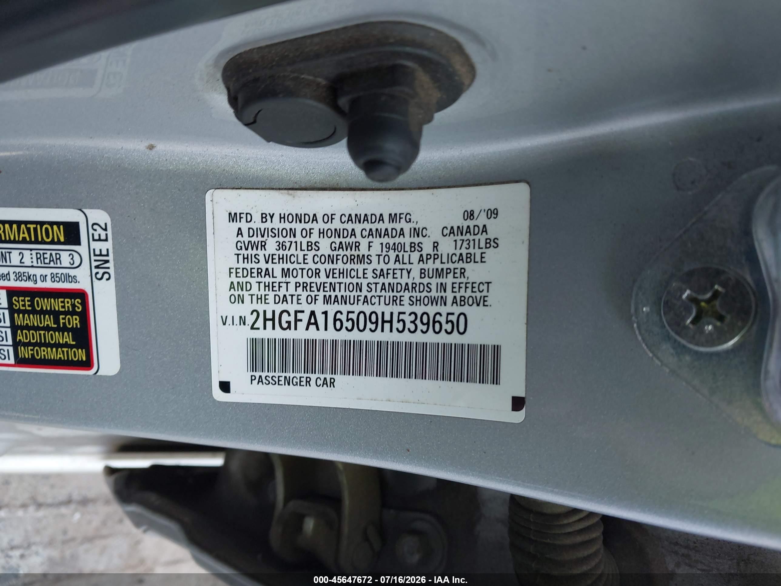 2009 Honda Civic Lx Silver vin: 2HGFA16509H539650