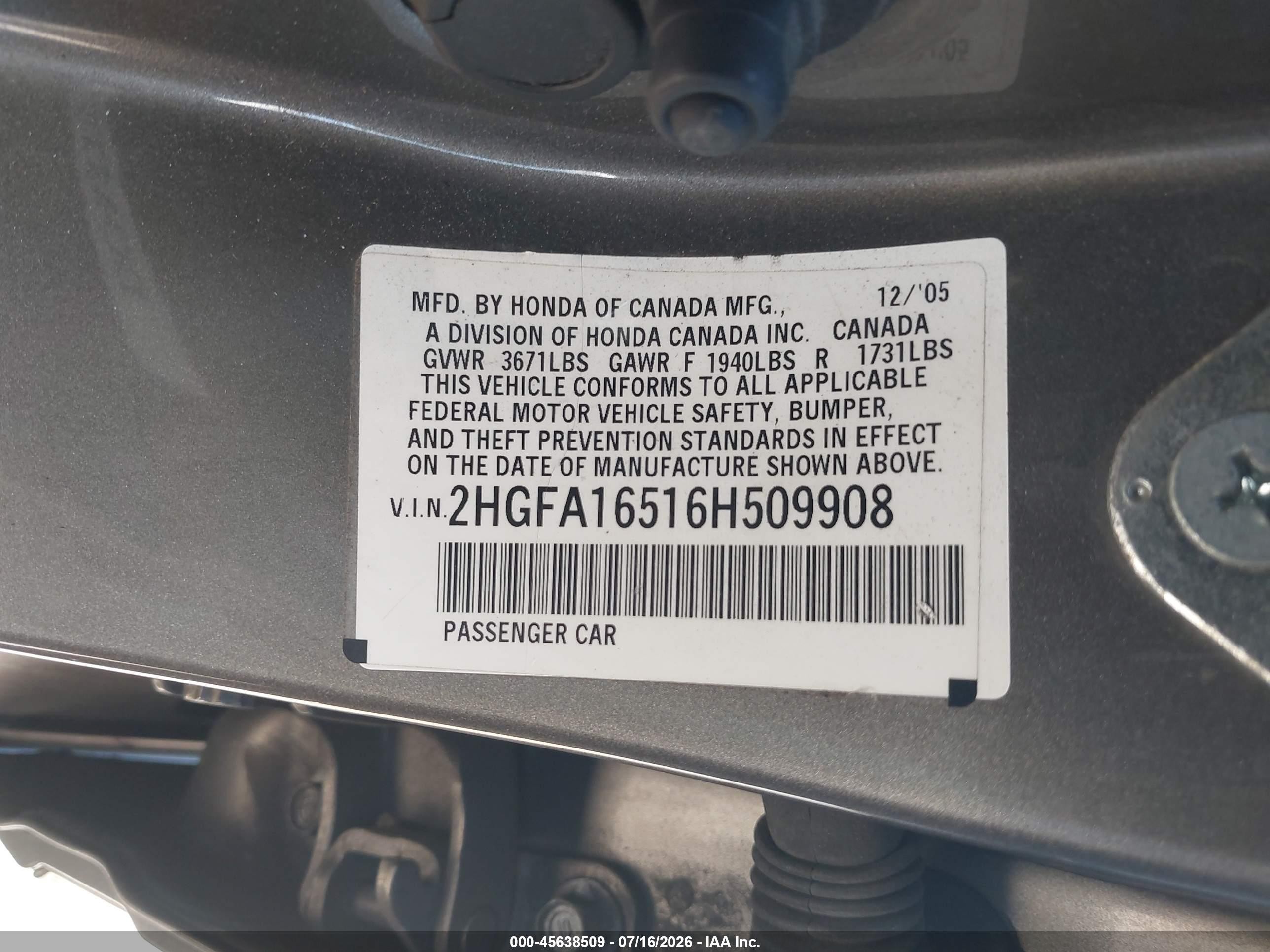 2006 Honda Civic Lx Gray vin: 2HGFA16516H509908