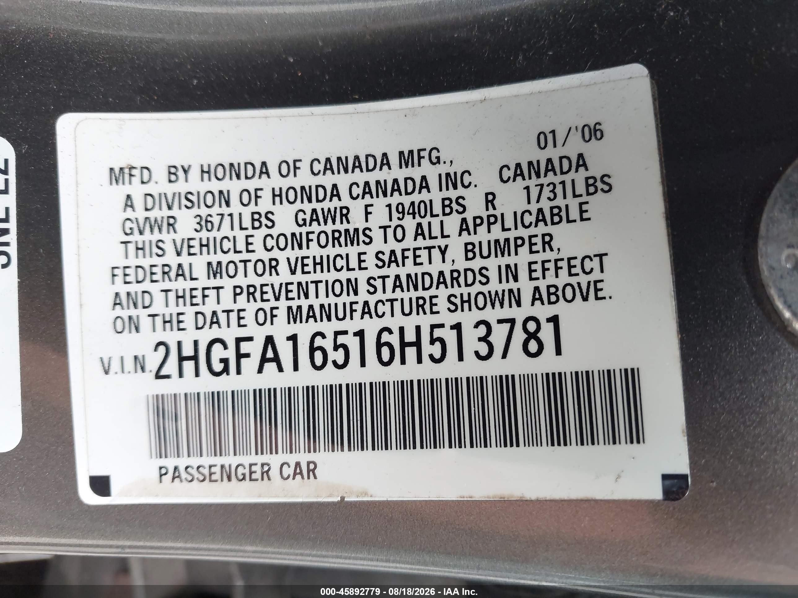 2006 Honda Civic Lx Silver vin: 2HGFA16516H513781