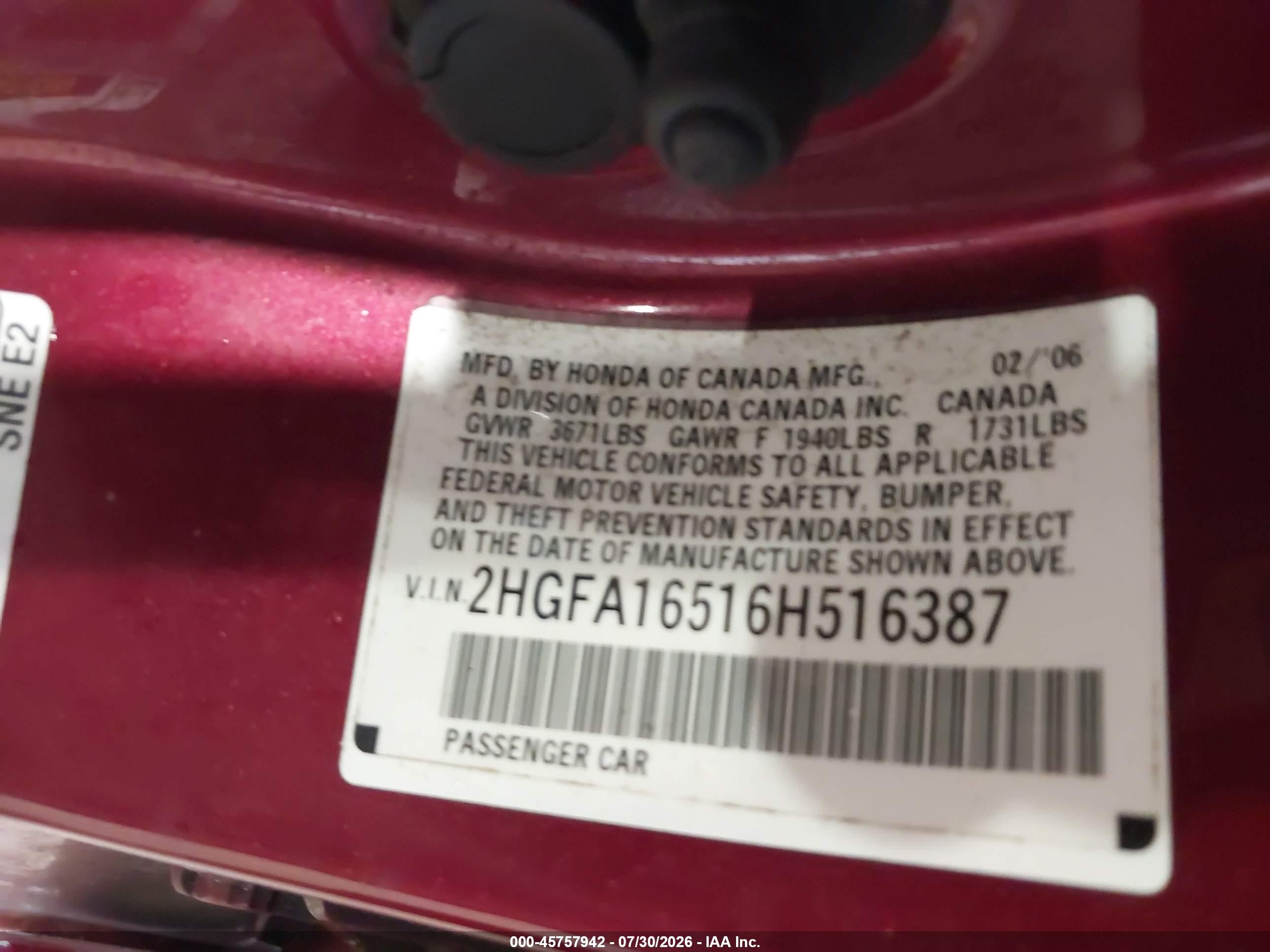 2006 Honda Civic Lx Red vin: 2HGFA16516H516387