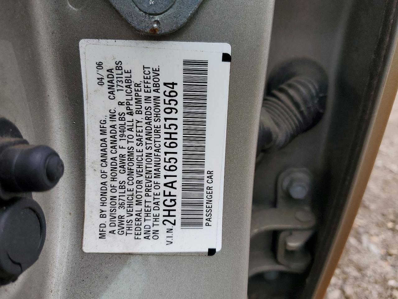 2006 Honda Civic Lx Gold vin: 2HGFA16516H519564