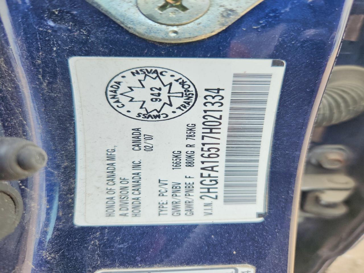 2007 Honda Civic Lx Blue vin: 2HGFA16517H021334