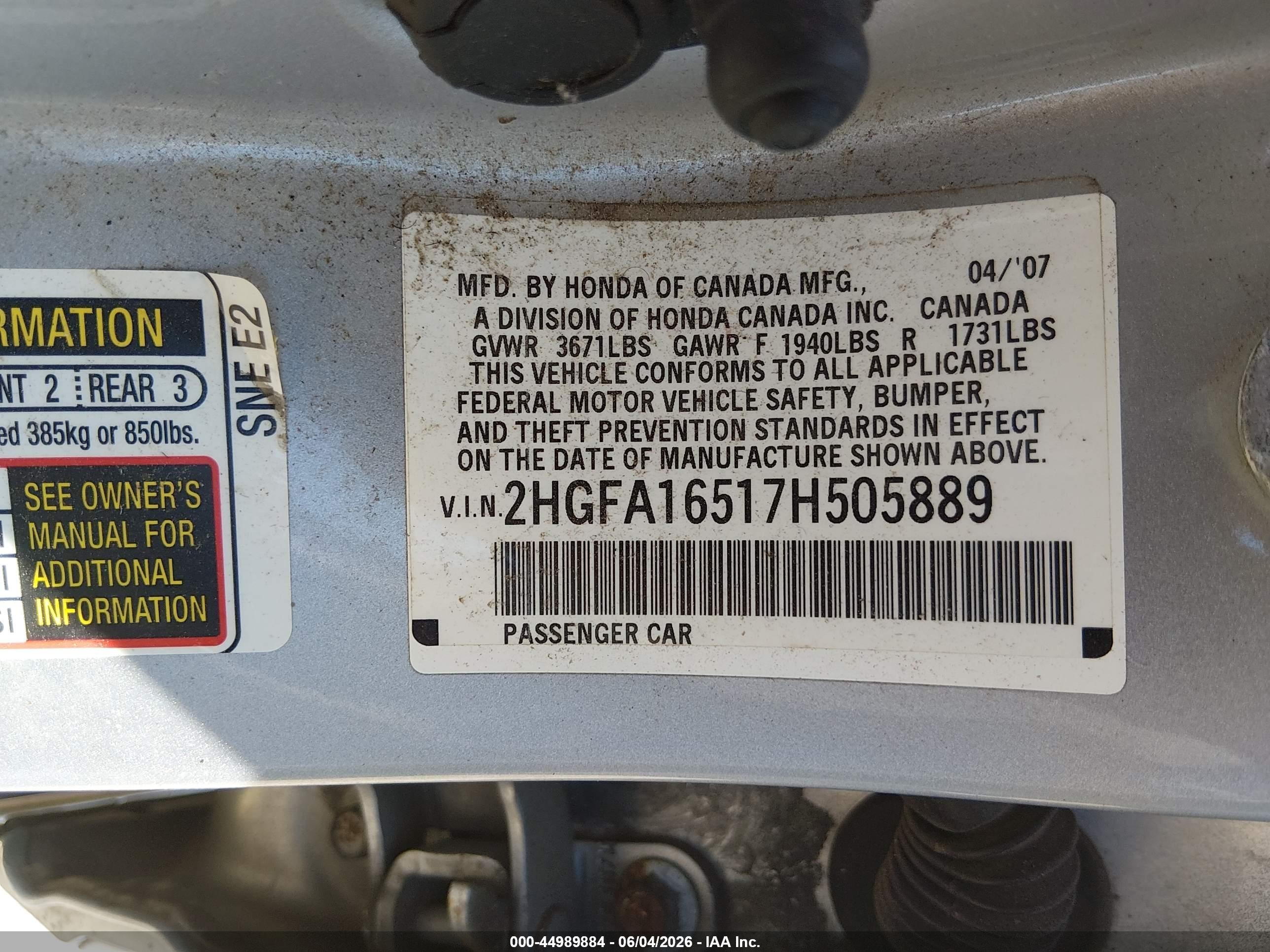 2007 Honda Civic Lx Silver vin: 2HGFA16517H505889