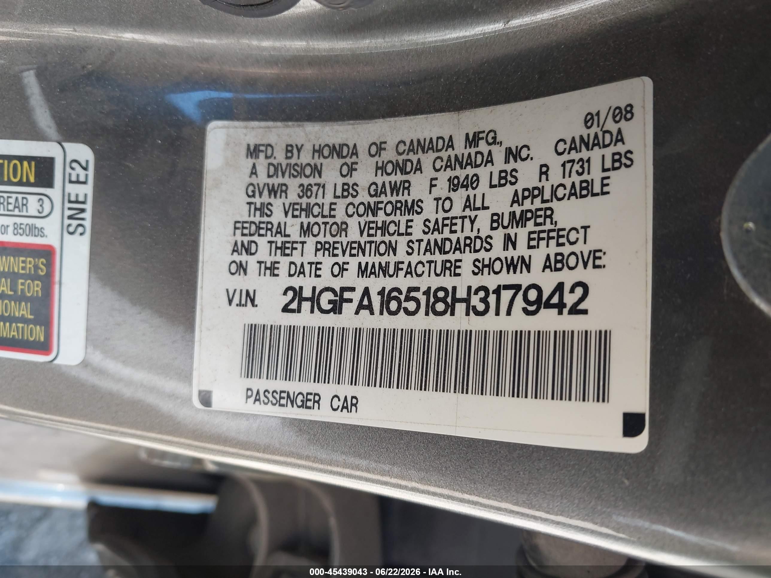 2008 Honda Civic Lx Gray vin: 2HGFA16518H317942