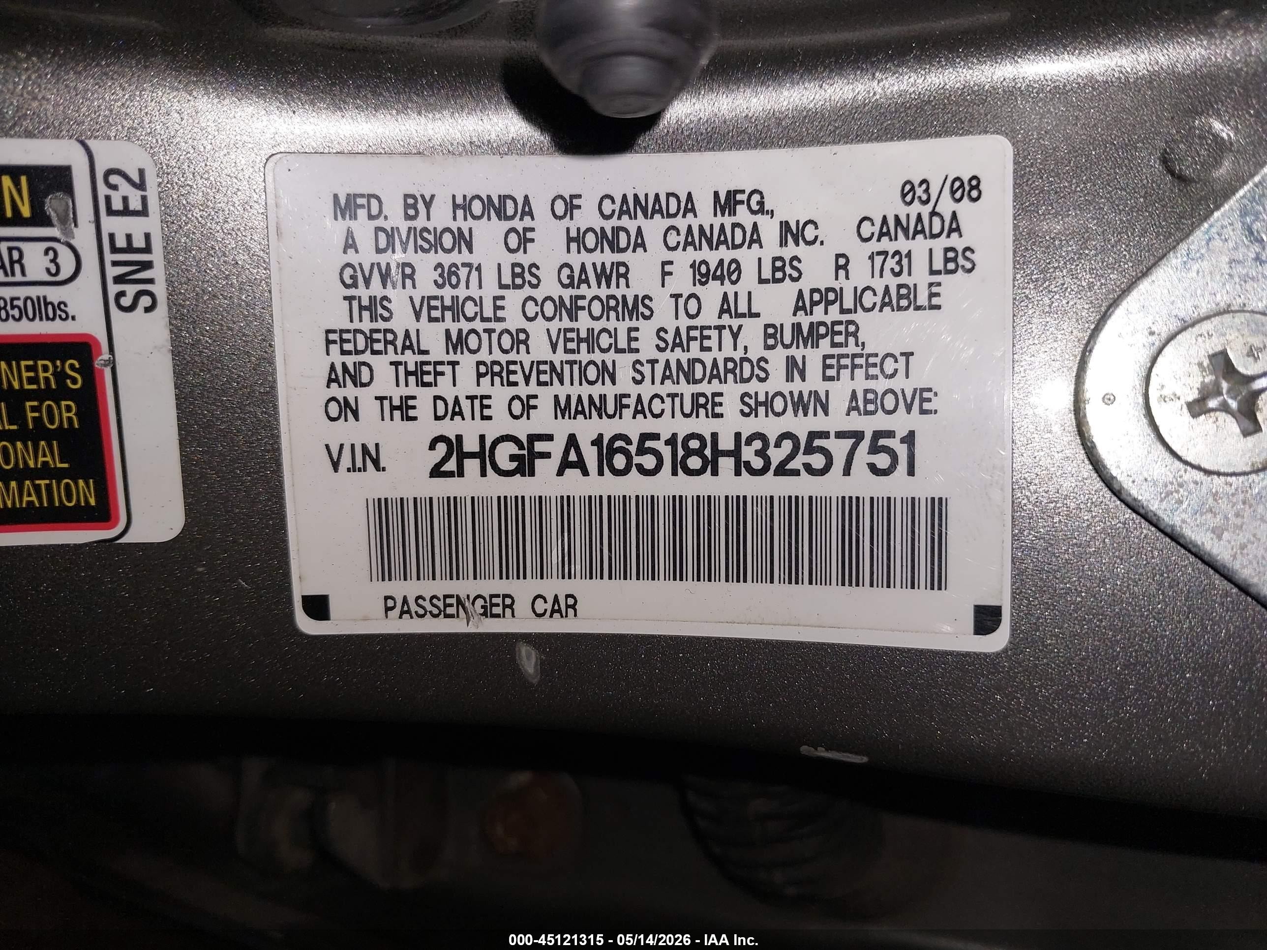 2008 Honda Civic Lx Серый vin: 2HGFA16518H325751