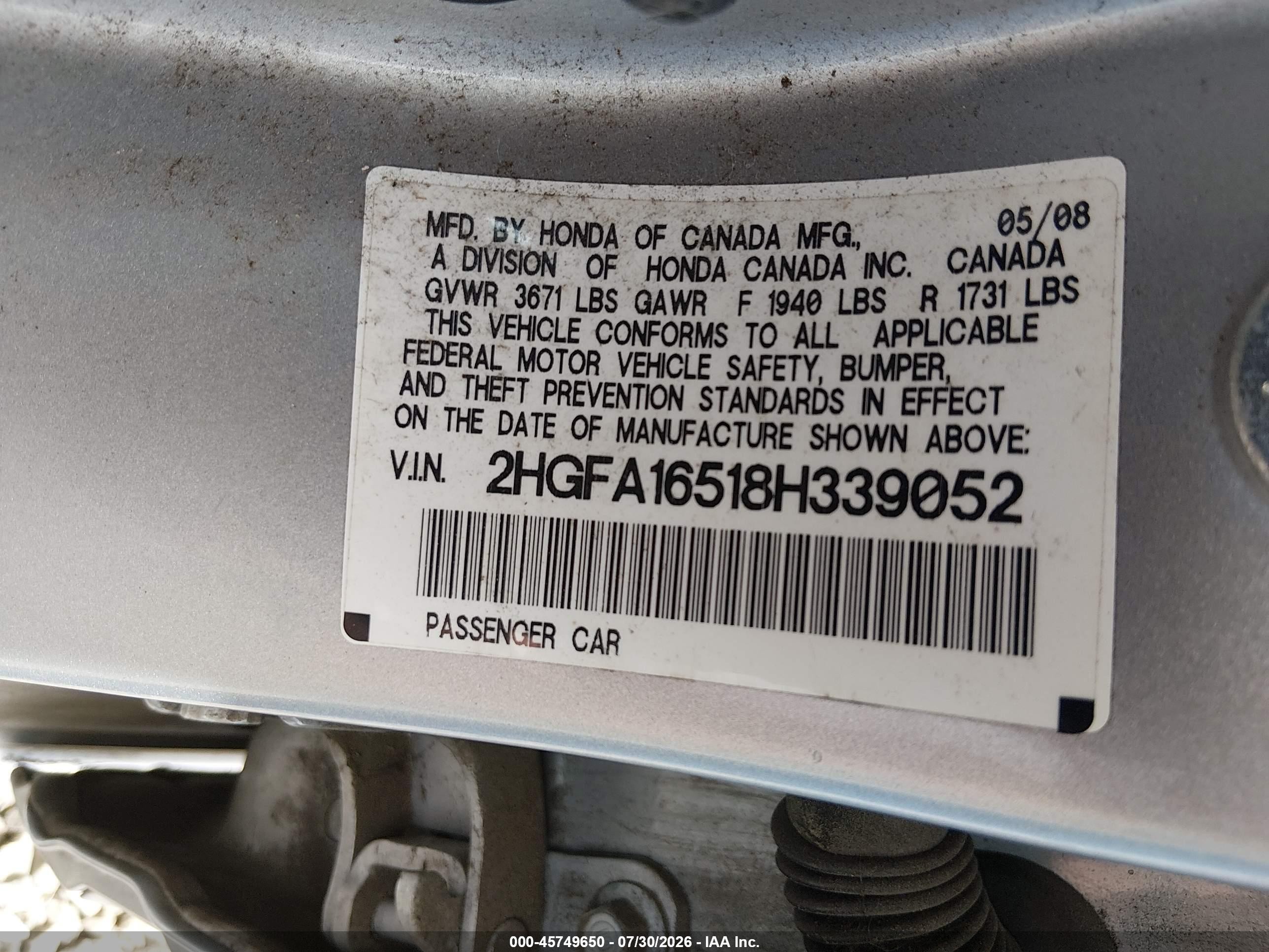 2008 Honda Civic Lx Silver vin: 2HGFA16518H339052