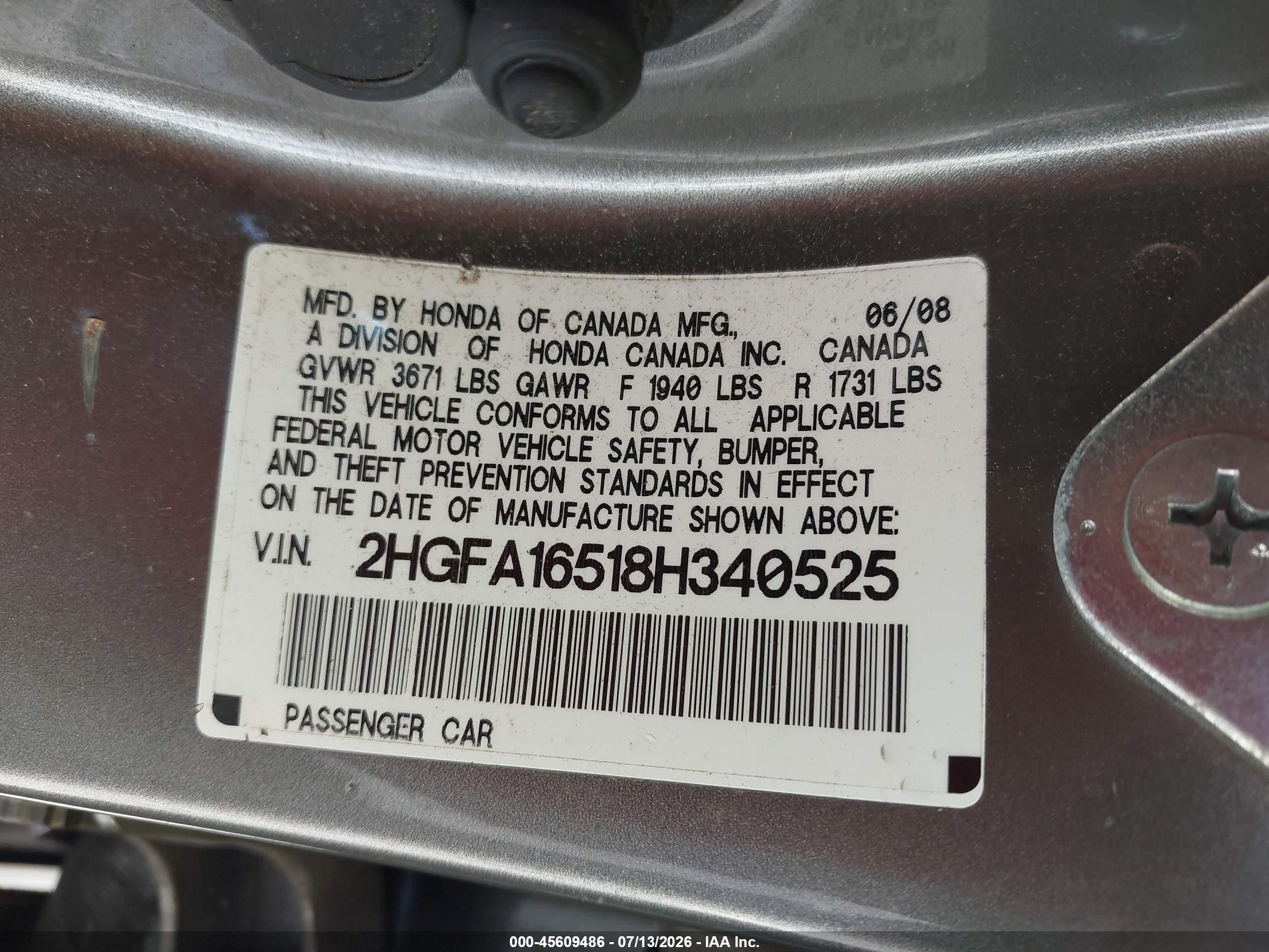 2008 Honda Civic Lx Серый vin: 2HGFA16518H340525
