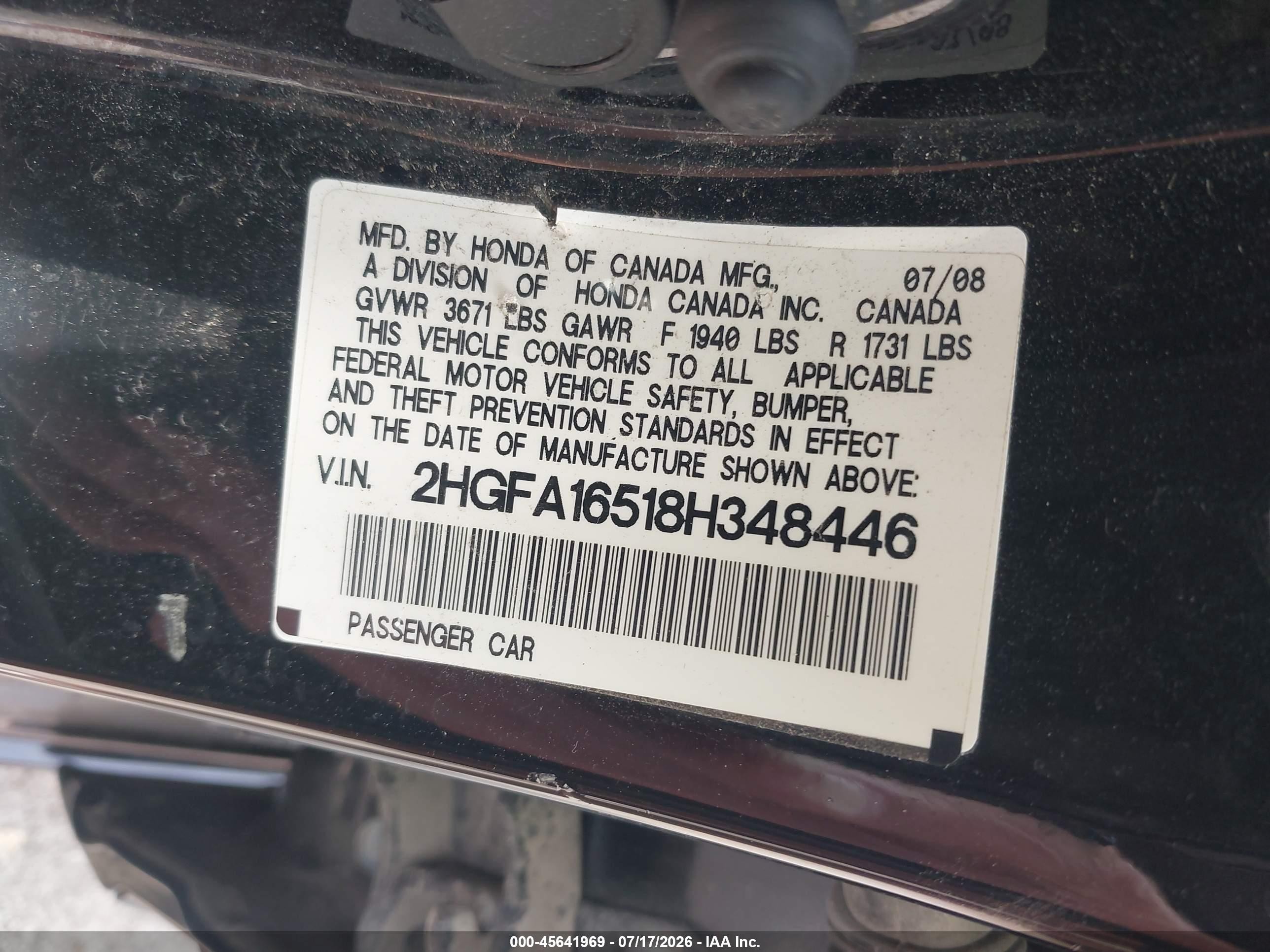 2008 Honda Civic Lx Черный vin: 2HGFA16518H348446