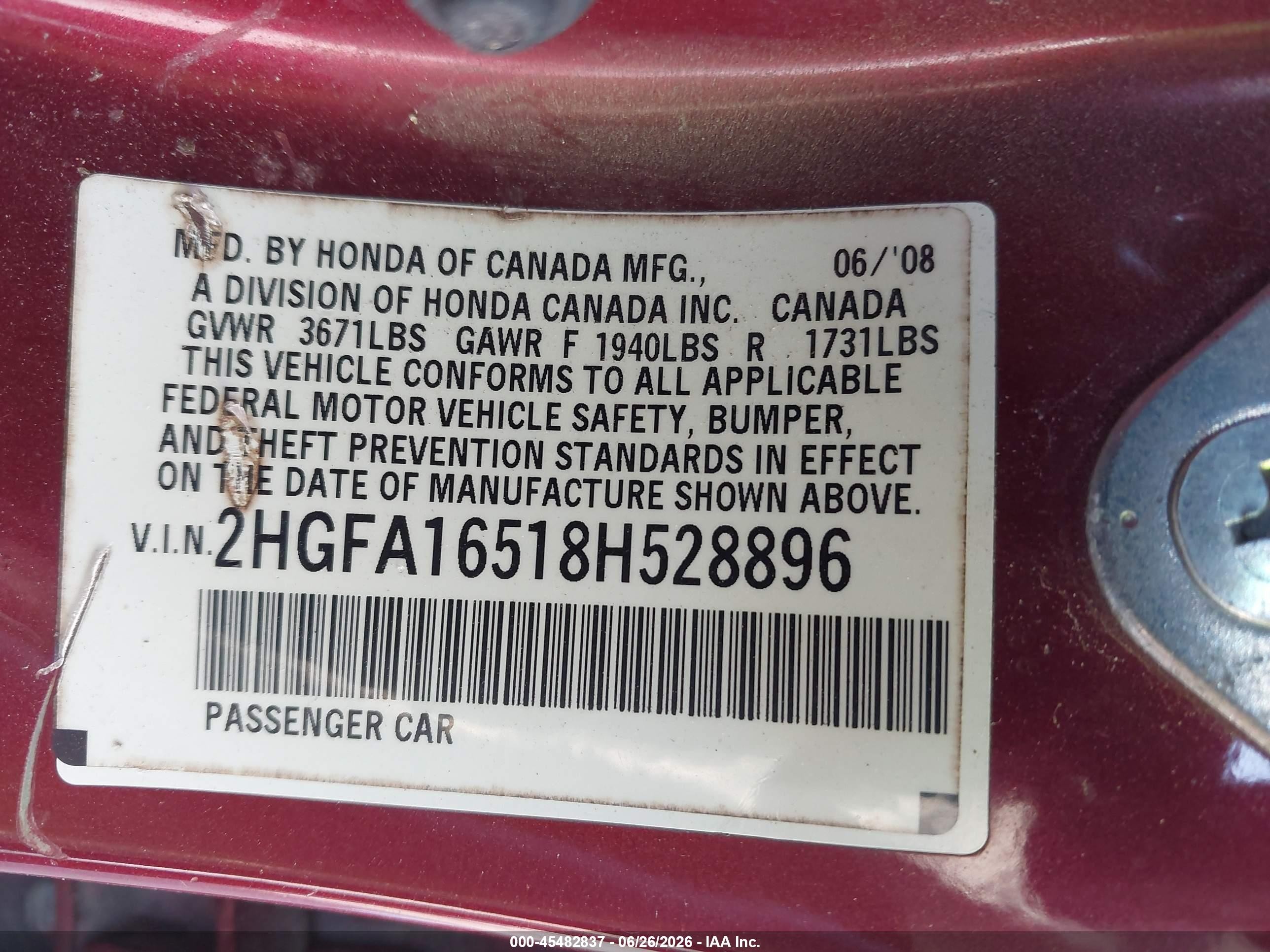 2008 Honda Civic Lx Maroon vin: 2HGFA16518H528896
