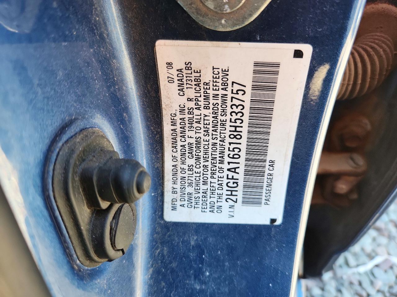 2008 Honda Civic Lx Blue vin: 2HGFA16518H533757