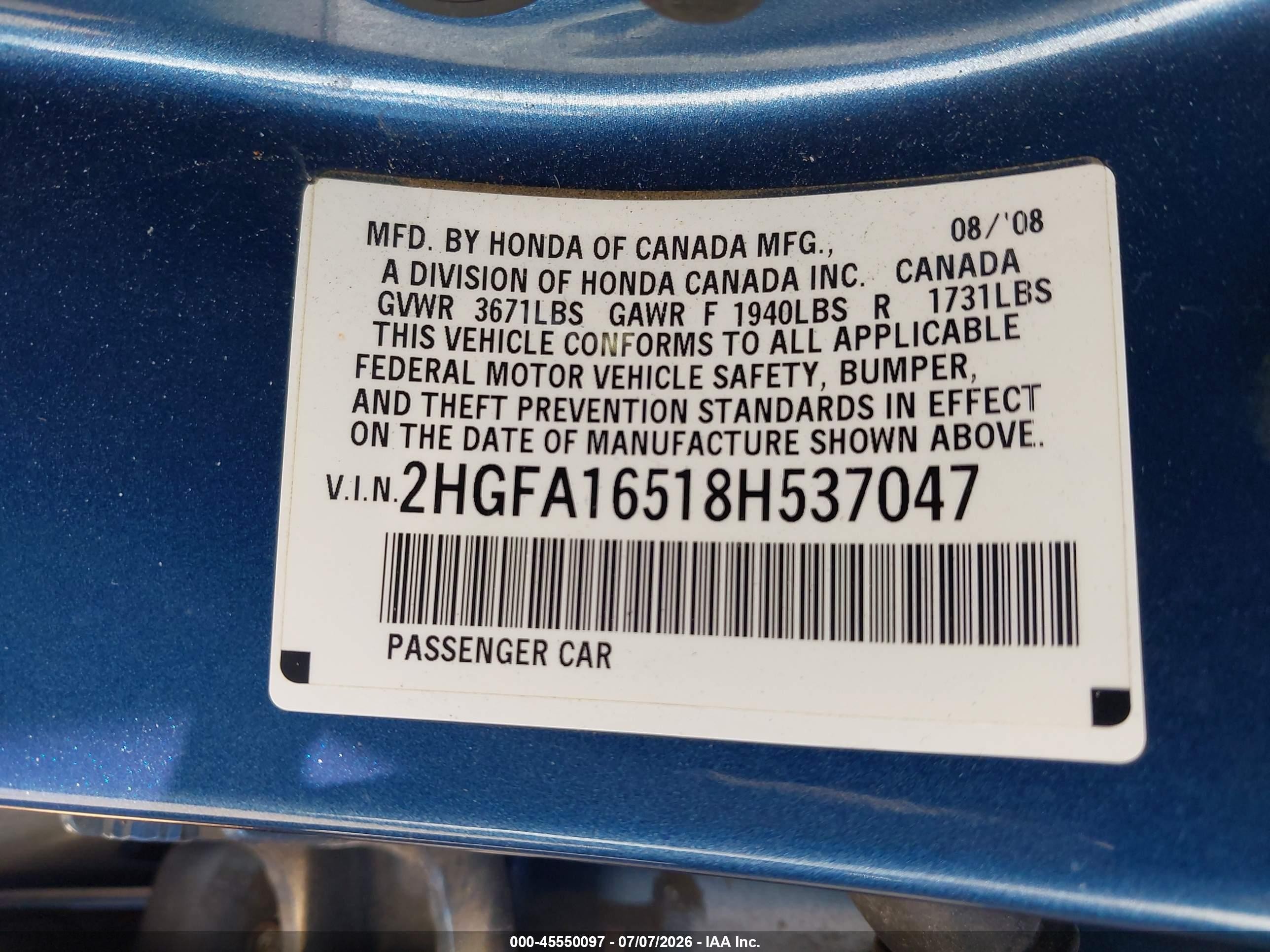 2008 Honda Civic Lx Blue vin: 2HGFA16518H537047