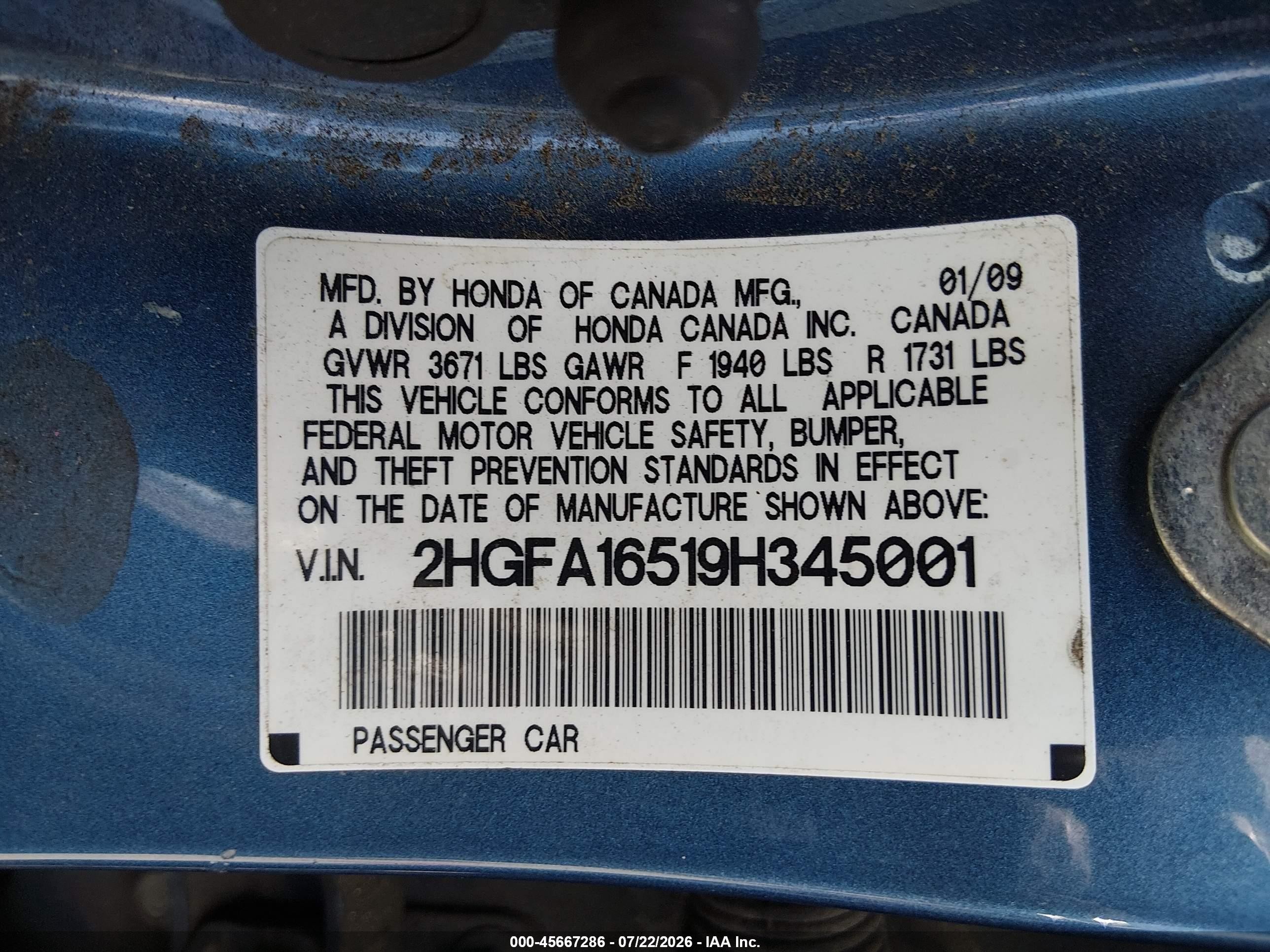 2009 Honda Civic Lx Blue vin: 2HGFA16519H345001